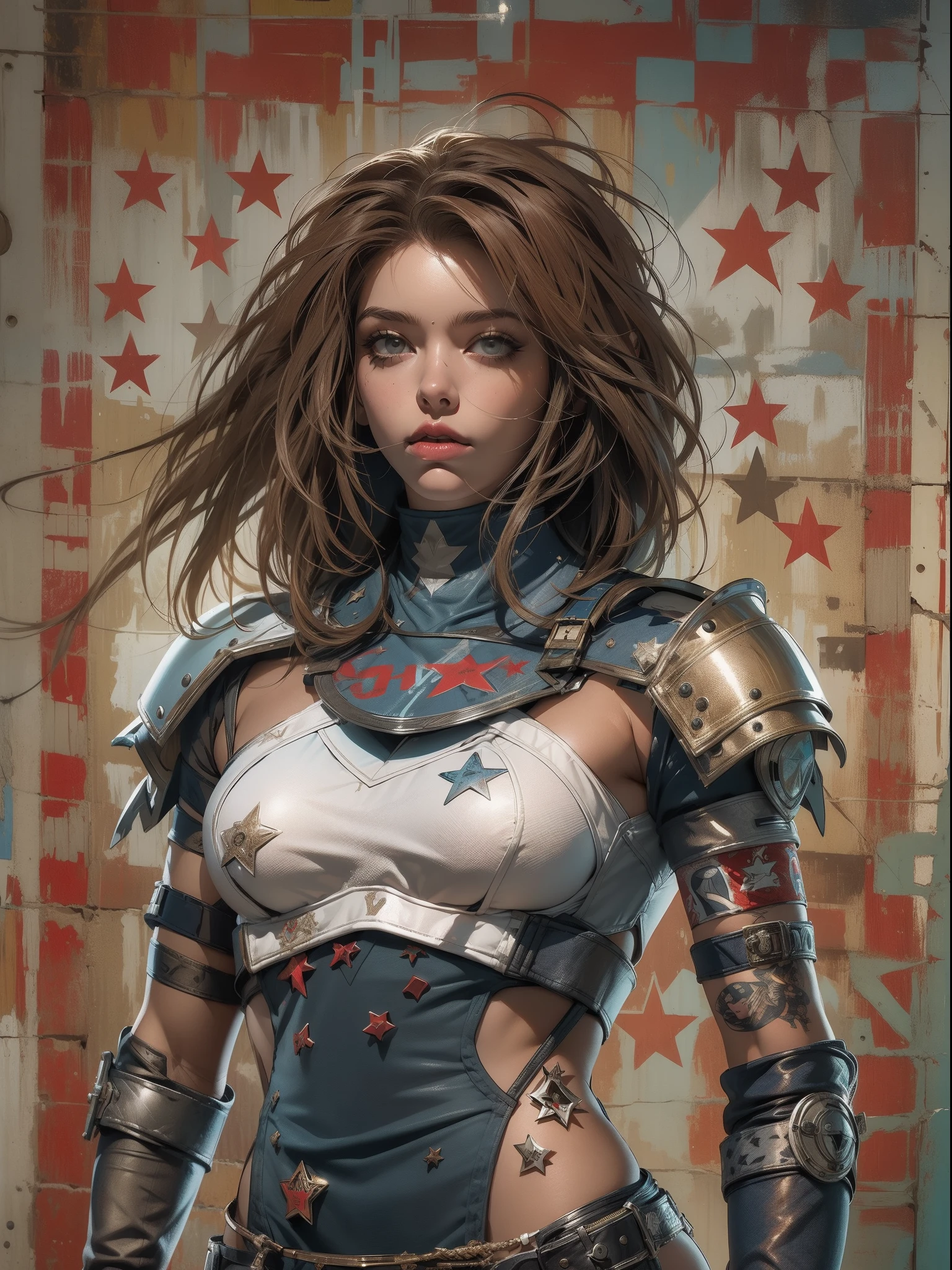 (((mulher))), (((melhor qualidade))), (((obra prima))), (((adulto))), (((1girl))), ((( corte de cabelo bob ))), Uma gladiadora cyberpunk mulher de 25 anos com corpo perfeito, shoulder pads with metal spines, Gladiadores do Brooklyn, (( corte de cabelo bob )), tiny leather panties, camiseta de time de rugby rasgada, quase nua no estilo selvagem urbano de Simon Bisley para a capa da revista Heavy Metal, Cabelo loiro curto, Minimum clothing, Metal protection on the left arm with intricate graphics, Dark red with white stars and white and navy blue checkerboard pattern, armadura, cheio de pontas e rebites, (((do joelho pra cima))), cabelos loiro branco curto, no fundo uma parede pintada por Shepard Fairey com um design intrincado