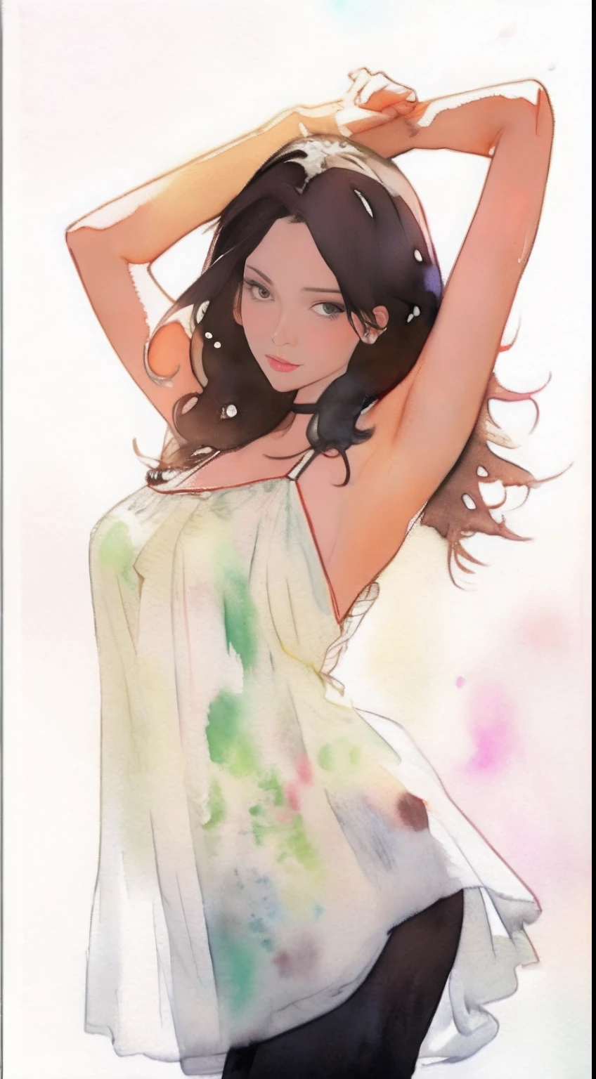 Adult beautiful mexican woman, spaghetti strap dress,dancing movement,  black yoga pants,  white spaghetti strap top seductive feminine gaze, dark eyes, (((watercolor painting by singer sargent)))