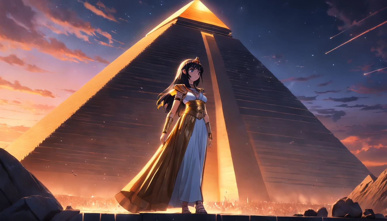 Sinister, stunning queen Cleopatra positioned far left and wearing full length dress size, gazing behind at pyramid, amber and pink light in sky, a breathtaking masterpiece of True HD photography, showcasing exquisite detail and unrivalled clarity, captured with an 8K resolution and the exceptional Leica lens, in an epic and awe-inspiring scene.