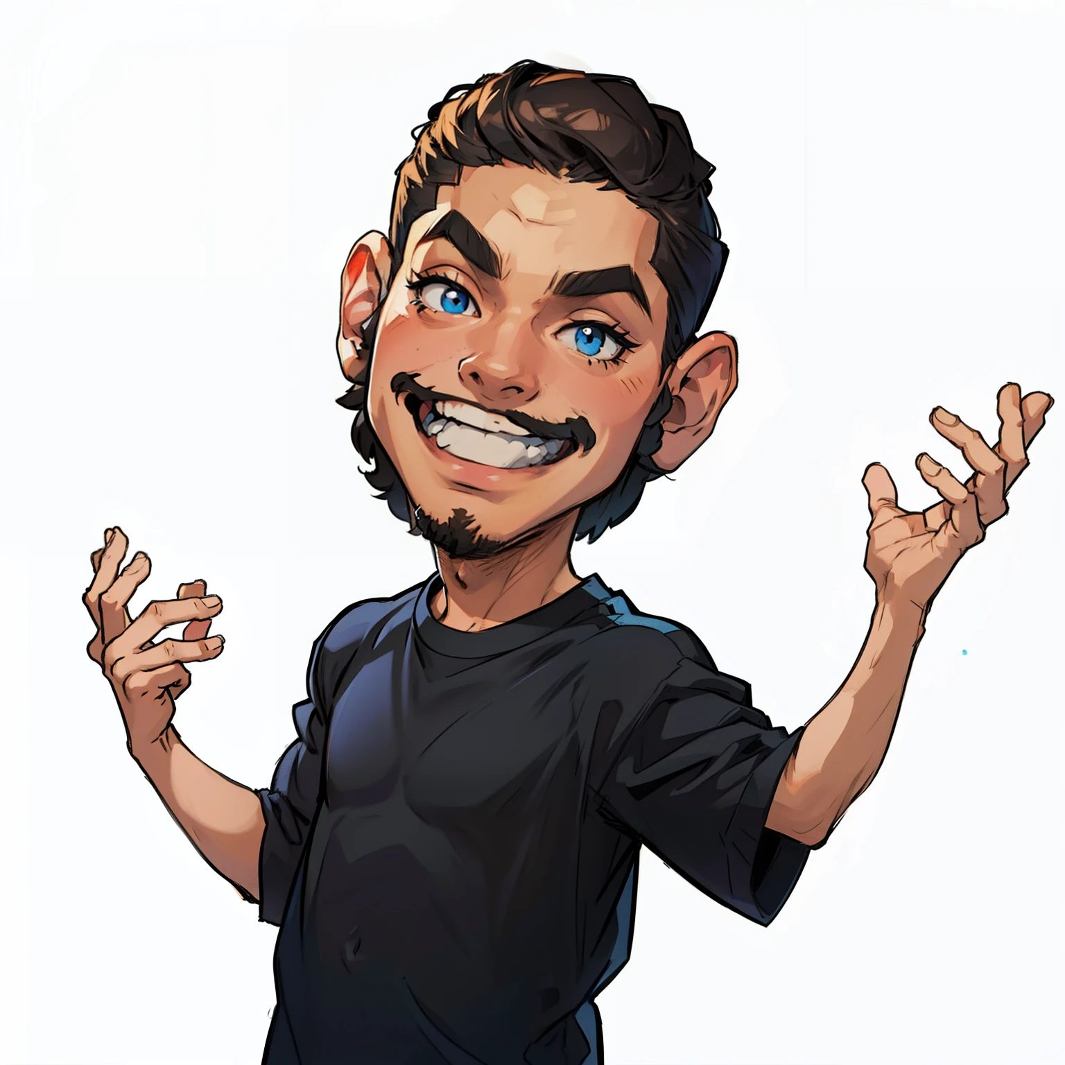 Homem, maos levantadas, camiseta preta, estilo dos desenhos animados.