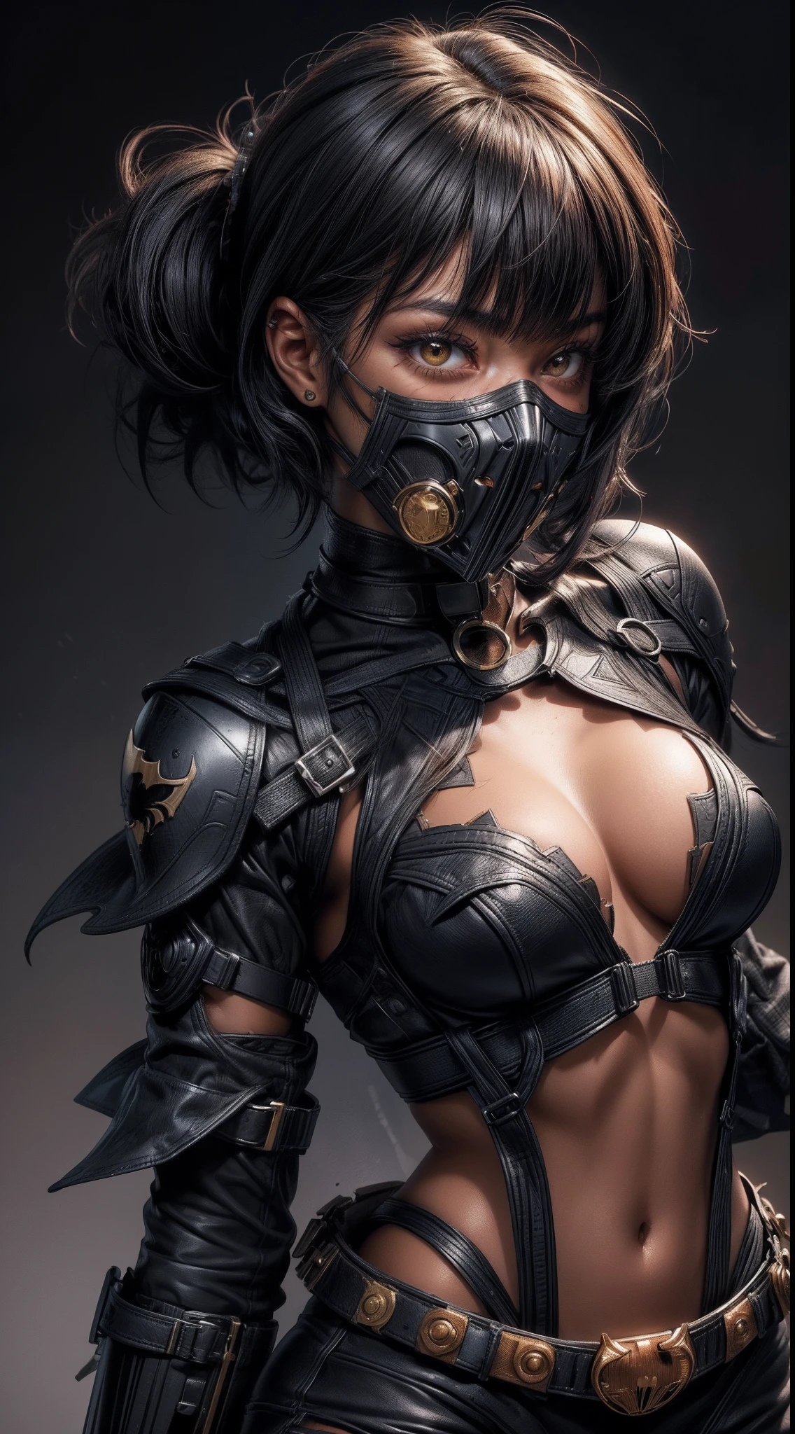 1 close-up (18-year-old African-American girl)Black Batgirl ((african american)), short hair, ((Use the mask of Batgirl))With a red hood ((Straight bangs)), Fear expression, dreads,,( Fleshy lips)largeeyes,freckles on face ,red lipsticks,( Itching on the lips),choker necklace, 耳Nipple Ring, and makeup, Close angle of the face, contours,looking at the camera in
