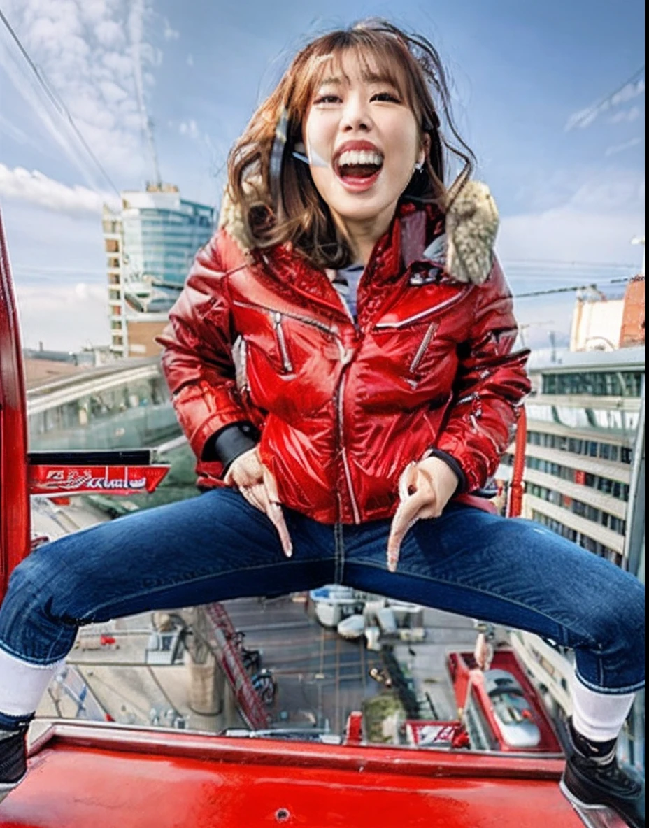 Arafa woman in jacket and jeans on red cable car, [ photos realistic ]!!, a macro giantess, highly detailed giantess shot, park shin hye as a super villain, Sitting on a crane, highly detailed giantess shot, giantess shot, der riese, sun yunjoo, Korean Girl, park ji-min, Korean Woman, giantess art