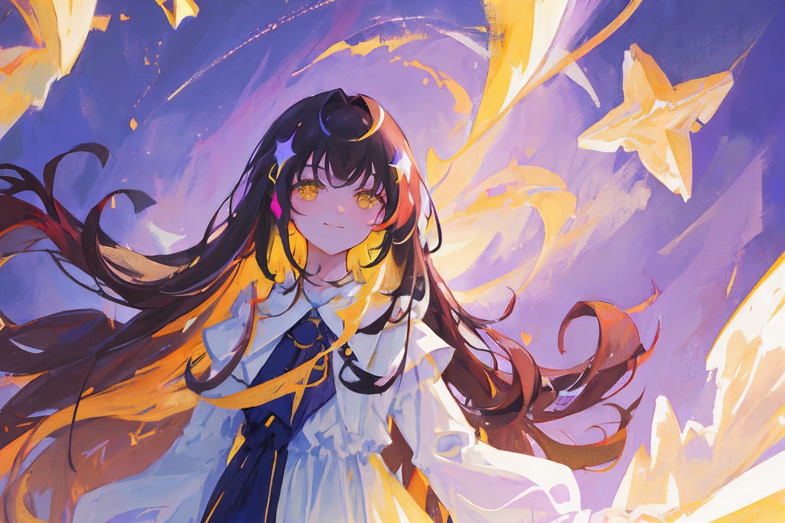 Solo, 1girll, Masterpiece, Best quality, extremely detaile, Cinematic lighting, intricately details, A high resolution, offcial art, finely detailed beautiful face and eyes, high-resolution illustrations, 8K, Dark intense shadows, Overexposure,((space)), Universe, Rainbow long hair, multicolored hair, Gradient hair, White dress, simple dress, floating dress, Long sleeves, Detailed clouds, gradient sky, Yellow eyes, Purple sky, Black sky, stars, ((Milky Way)), Smile, view the viewer, Upper body