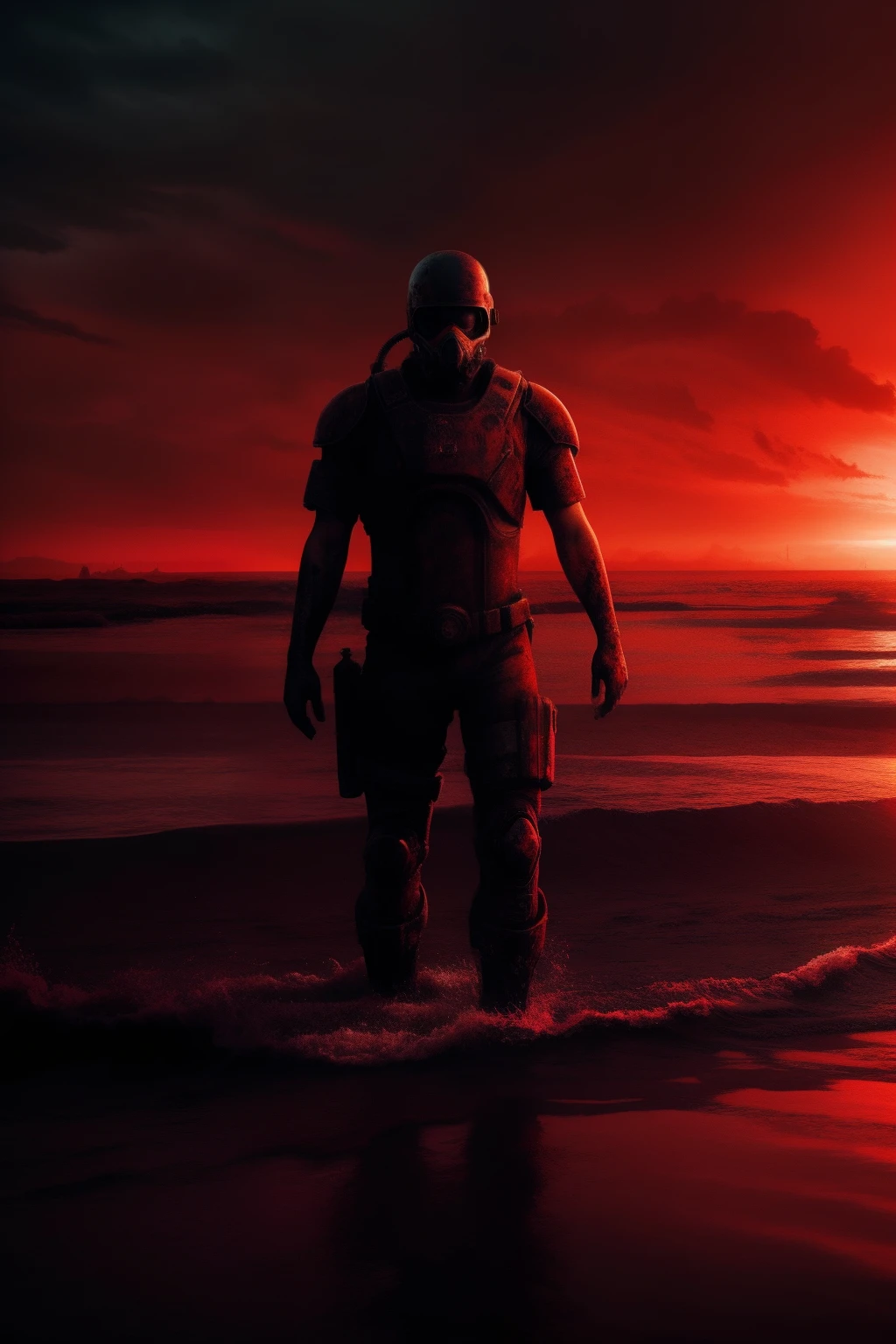 In rapidly polluted waters,There is a mutated human，MuCoi，nausea，Unknown marine life，Armageddon，Wasteland，The end of the world，blood red colored sky，8K