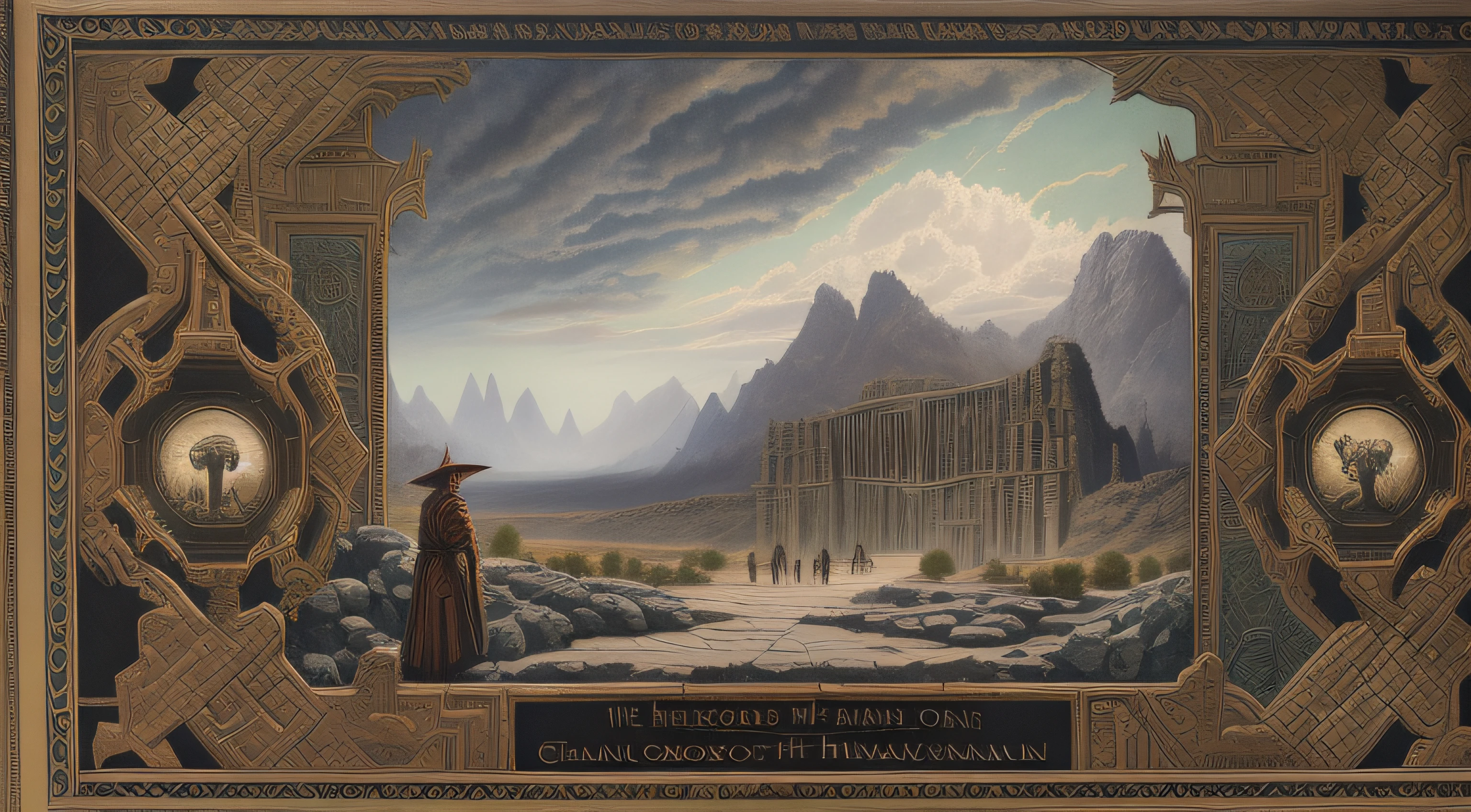 painting of a scene of a man and a woman in a desert, the gates of argonath, detailed cover artwork, epic elder scrolls art, by Carel Willink, by Ernő Grünbaum, the mines of moria, by Eric Dinyer, album cover, inspired by J. J. Grandville, adi granov, et in arcadia ego