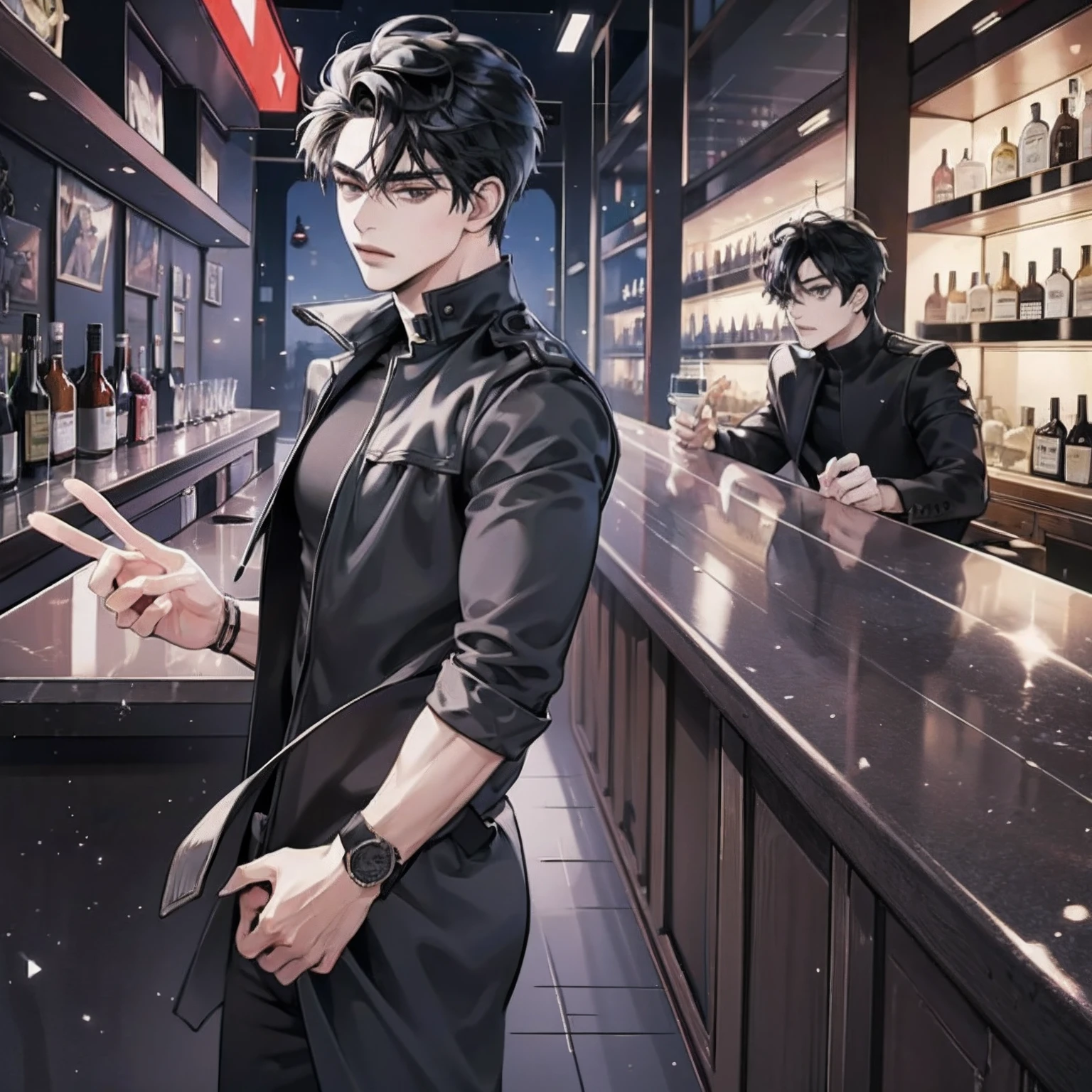 Hombre anime, Anime hombre guapo，Cuerpo muculoso, atletic, cuerpo fornido, hombors amplios, cabello de color negro，vestido de negro, en un bar sirviendo un trago detras de la barra, inspirado por Okumura Masanobu, Chico guapo en el arte del asesino de demonios, Chico de anime alto con ojos negros, Arte clave del anime, inspirado por Okumura Togyu, Key anime images, Joven hombre de anime, (side split, High cold), en un bar, with a frantic expression, walking away