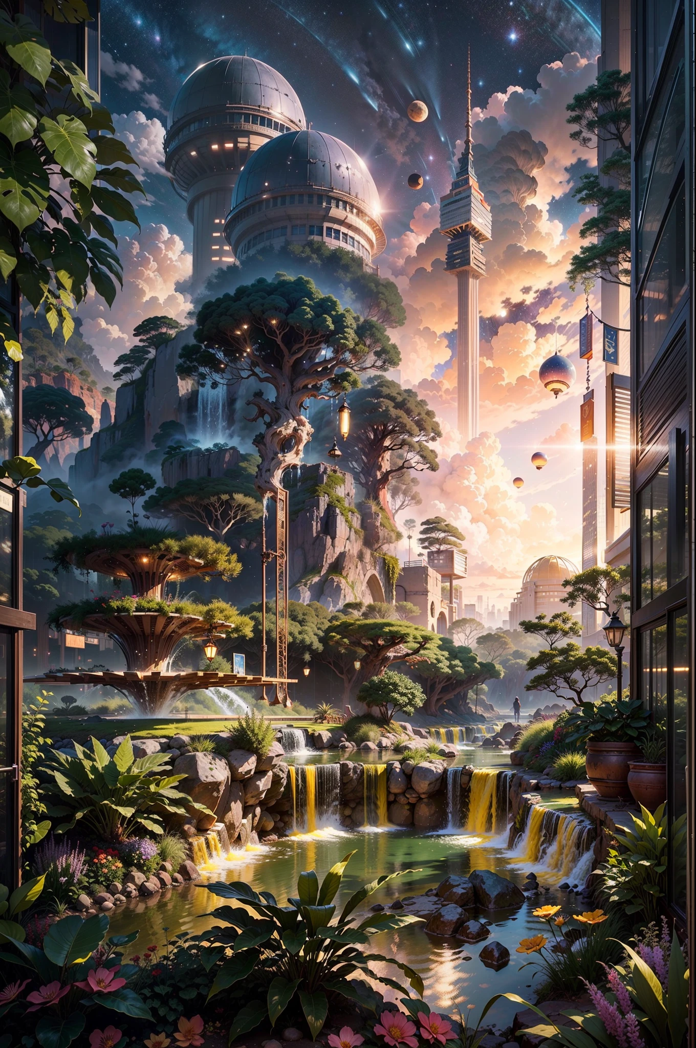 In a whimsical sci-fi world，The picture shows the scene of a two-dimensional science fiction luxury college。The picture shows three different environments：A desert、Rainforest and planetary sky。

The first is the desert environment，You can see the vast yellow desert spreading into the distance，There was silence and mystery。In the middle of the desert，There is a magnificent city school luxury complex towering，It adopts the architectural shape of science fiction style，It feels complex and futurisitic。A jet of water erupts from a fountain on the roof，Reflected in the dazzling sunlight。

Then there's the rainforest environment，Behind the luxury buildings of the city school, a dense rainforest stretches。Towering trees and colorful flowers mingle with each other，Coconut trees sway in the breeze。In this magical rainforest, you can also see alien corals growing on trees，It adds fantasy and strangeness to the whole scene。

Finally, there is the planetary sky environment，In the vast starry sky，The star ring band surrounds the entire picture。Colorful clouds float in the sky，Form beautiful patterns，White auroras also appeared between the stars，Shining with a mesmerizing light。

The entire picture is rendered using ray tracing，The details are extremely fine，Every place shows the perfect composition and sci-fi complexity。This CG-rendered realistic painting gives a grand scene and visual impact，Let the viewer feel a wonderful and magnificent sci-fi world。