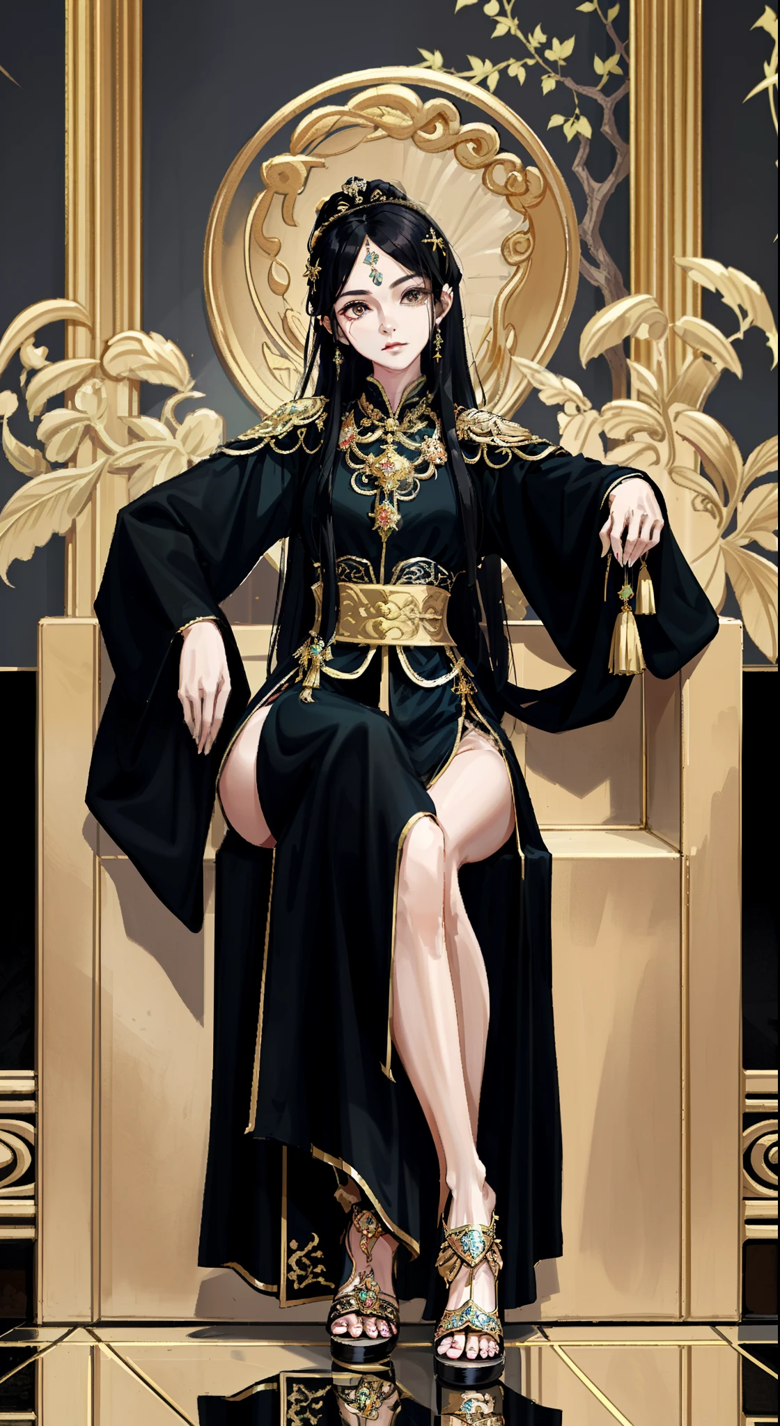 Gentle and virtuous queen，（（（Black Ming Uniform 1.2））），Her long black hair was coiled behind her head，Gorgeous hairpins，sandals，（（（Detailed facial features1.2））），（（（Provocative expression 1.2））），（（（detailedfacialfeatures））），（（（Squat with legs spread 1.2））），（（（Squat with your legs apart1.2））），（（（Squat with open legs 1.2））），（（（Open crotch 1.2））），Background of the Royal Palace，Super detail, hyper HD, Masterpiece, ccurate, Textured skin, Super detail, High details, High quality, Award-Awarded, Best quality, A high resolution, 1080p