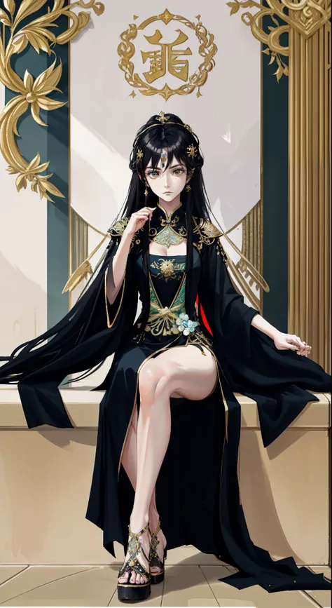 gentle and virtuous queen，（（（black ming uniform 1.2））），her long black hair was coiled behind her head，gorgeous hairpins，sandals，...