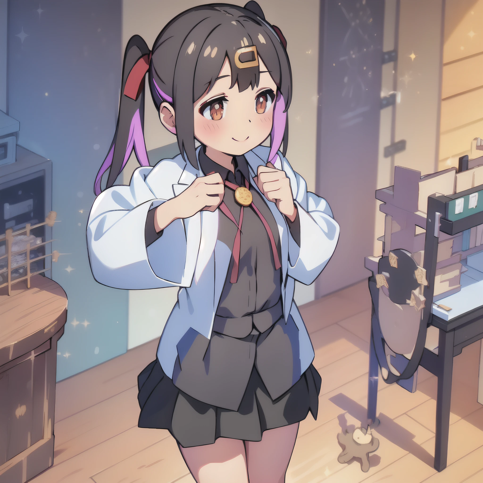 black skirt, blush, character on center, coat, hair clip, indoor, lab coat, smilling, room, holding a book