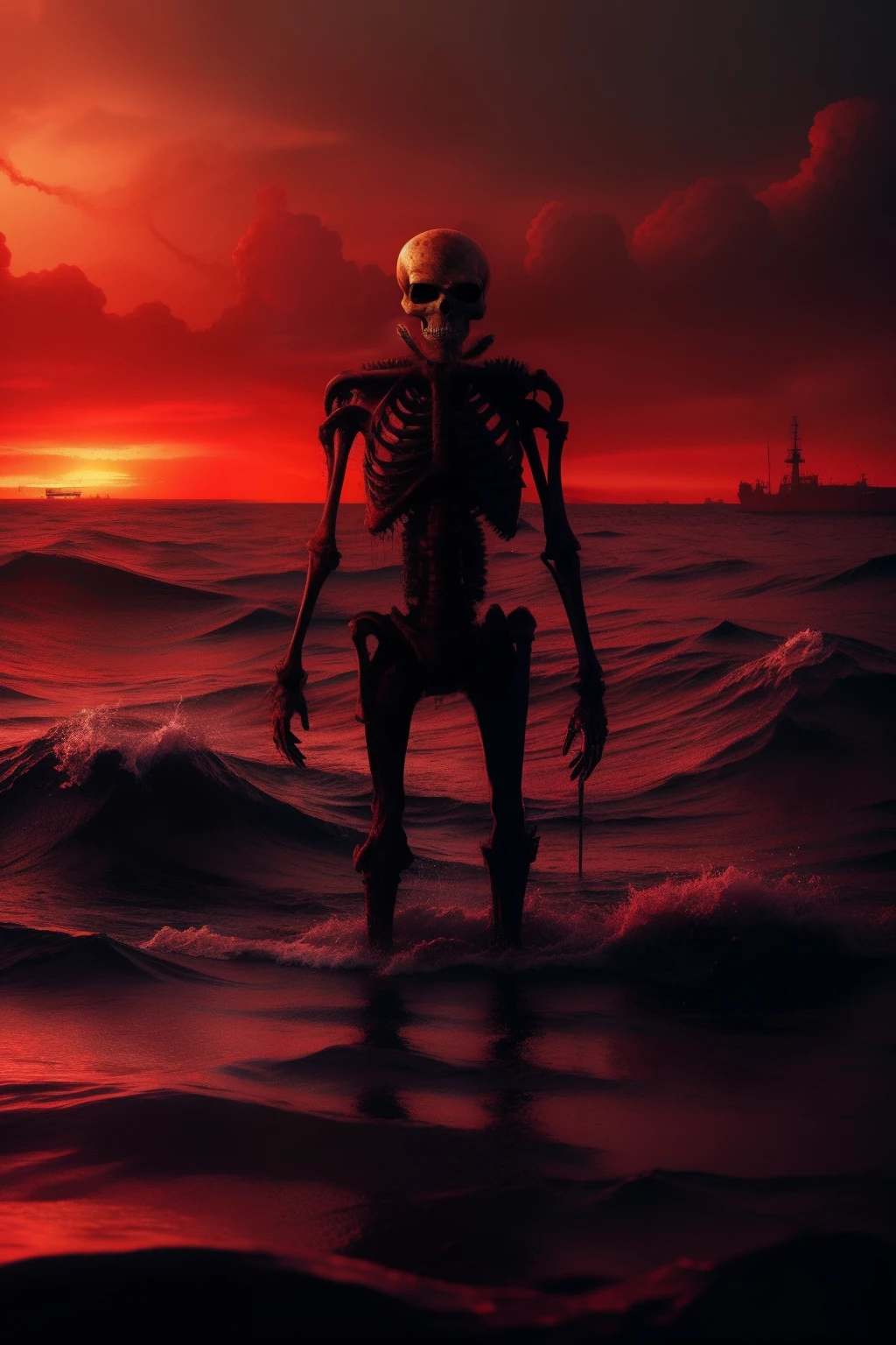 In rapidly polluted waters,There is a mutated human,skelleton,corruption,flesh and blood,MuCoi,nausea,Unknown marine life,Armageddon,Wasteland,The end of the world,blood red colored sky,8K