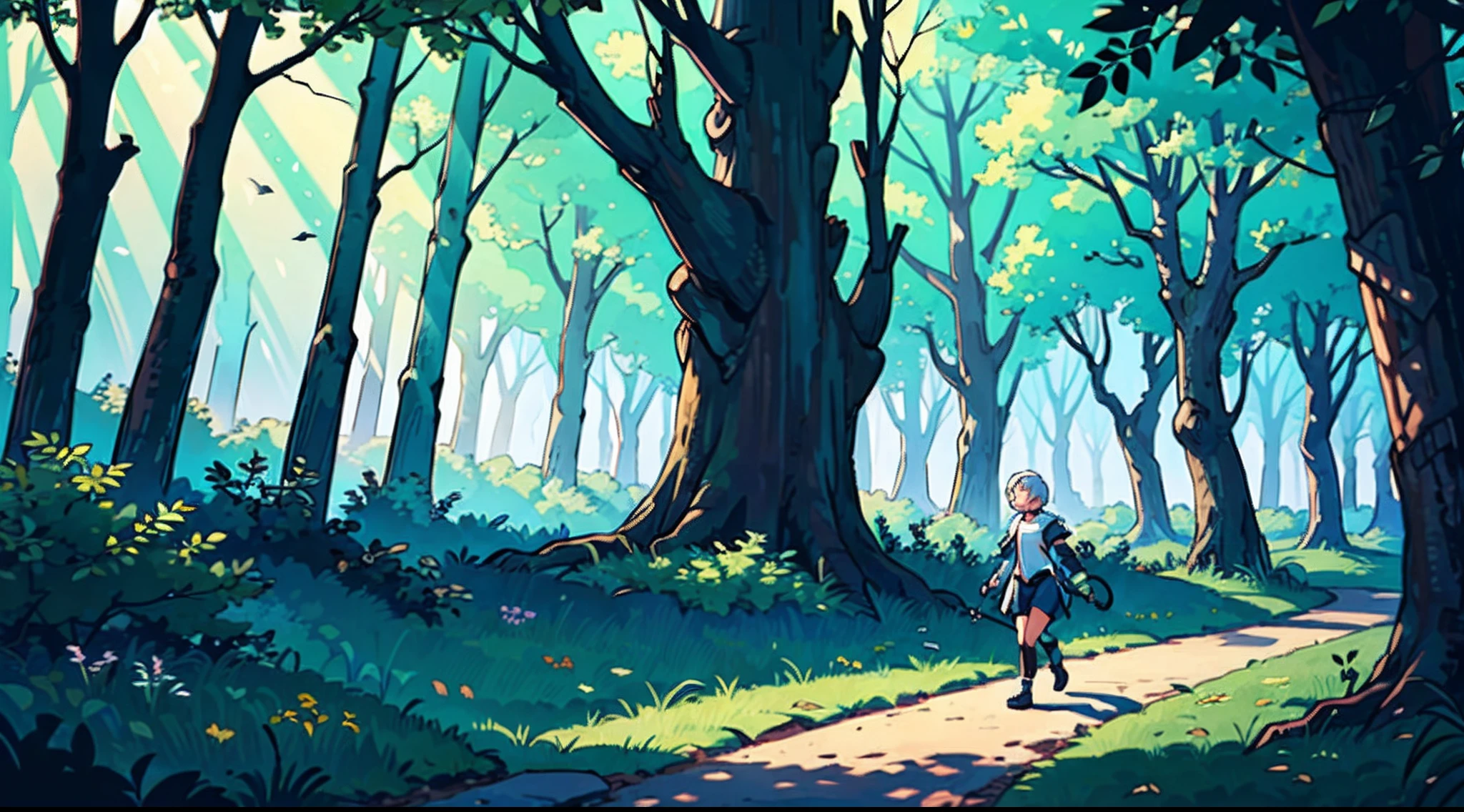 Items: Robot-like girls, nature, plants, ecosystem
Location: Within a forest, on a pathway
Condition: Bright morning, sunlight streaming in, the chirping of birds
Theme Style: Harmony between technology and nature, a fantastical atmosphere, warm pastel colors, a combination of futuristic and realistic elements, intricate details of the ecosystem, a theme of hope and empathy, anime-inspired