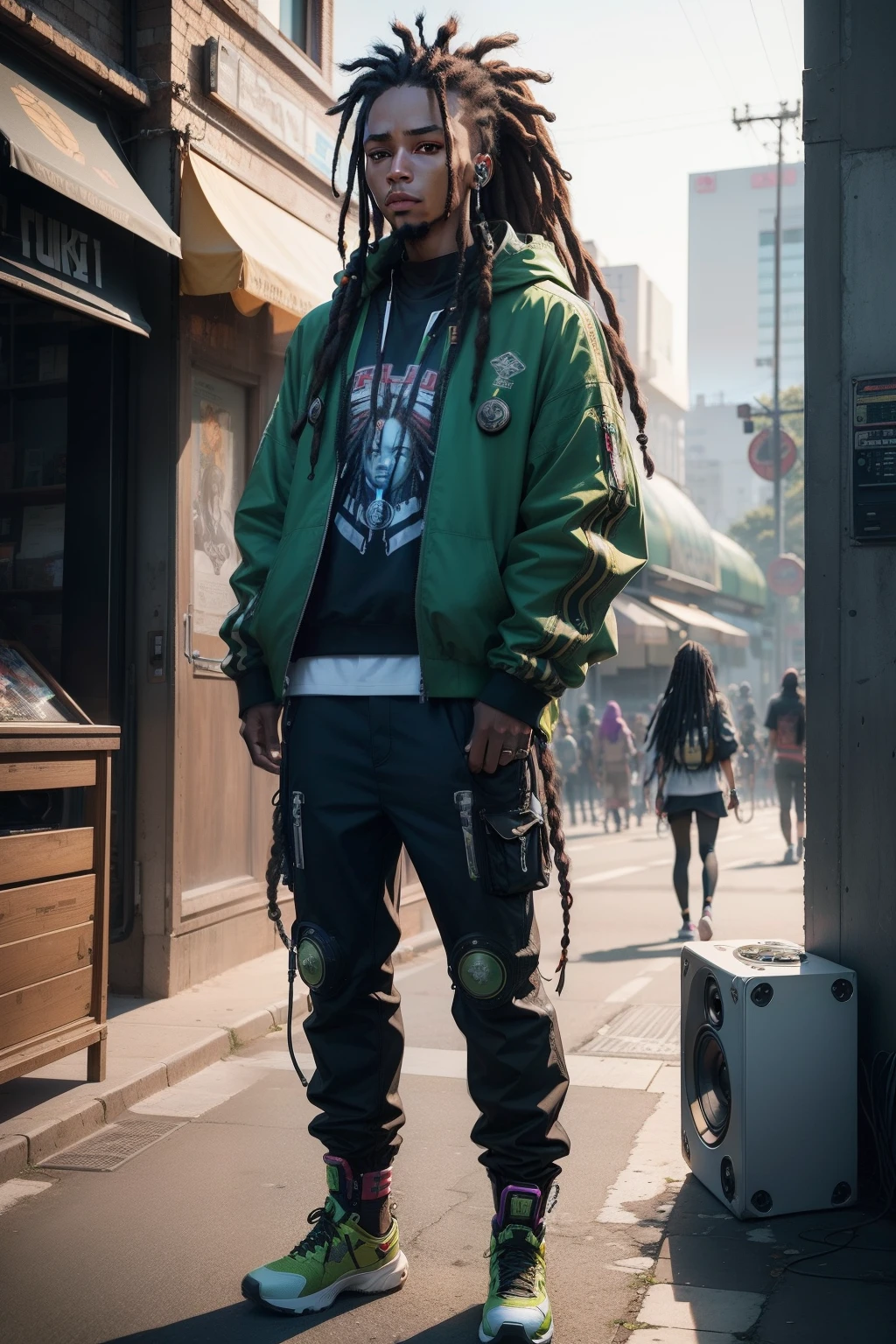 Future reggae artists、dreadlock hair、One Man、cyberpunked、speakers、a picture、(A hyper-realistic),(top-quality), (ultra-detailliert)、Standing outside