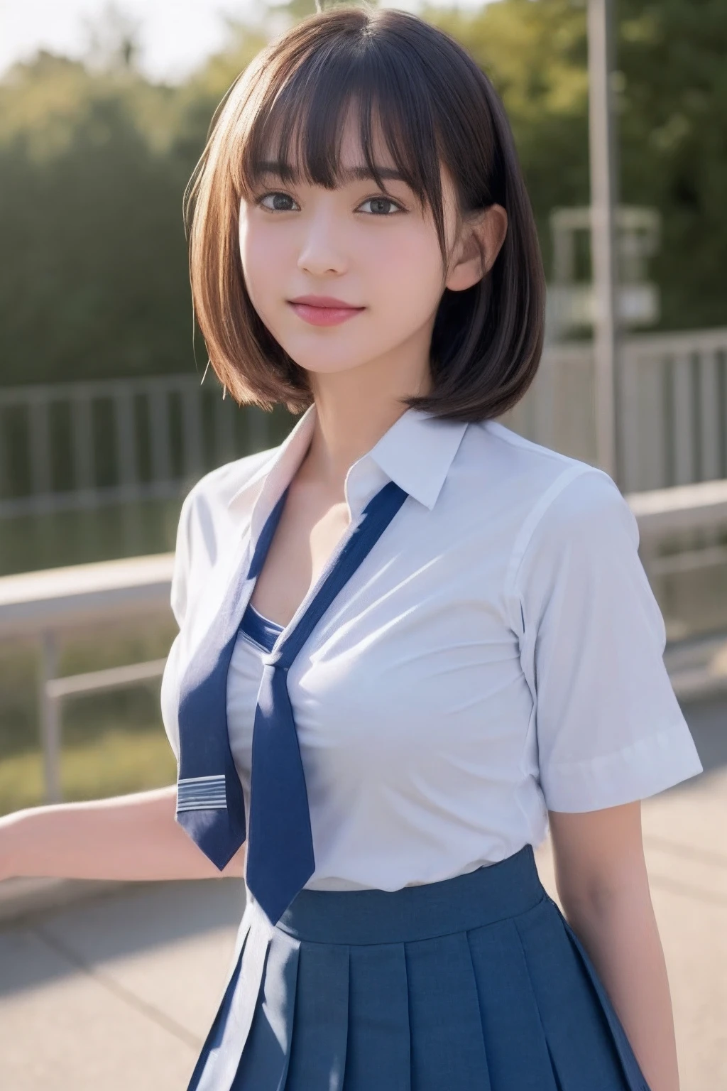 8K, Best Quality, real picture, Intricate details, Ultra-detailed, 超A high resolution, Depth Field,(Photorealistic,Realistic:1.2),masutepiece, 0.25 :: close-up , straight-on shot , from miiddle ,
1girl in, AI_chan, full bodyesbian、an extremely beautiful -yeld gi Innocent big eyes, (brown_Short_hair), (Green_Eyes:1.0),(Bangs),disheveled hair,(hair clips), perfect glossy skin, flawless skin, Fair skin, Huge breasts, cleavage, Narrow waist, Light blush, Solo, Looking at Viewer, lightsmile,
chubby under the clothes, Sweat,
Wearing ((School_uniform), (white_Skirt),(Blue_long_tie), (Blue_pleats_Skirt), (Black_pantyhose) :1.2),
(Gravure Pose :1.1),
Sunset ,
High School in Japan ,