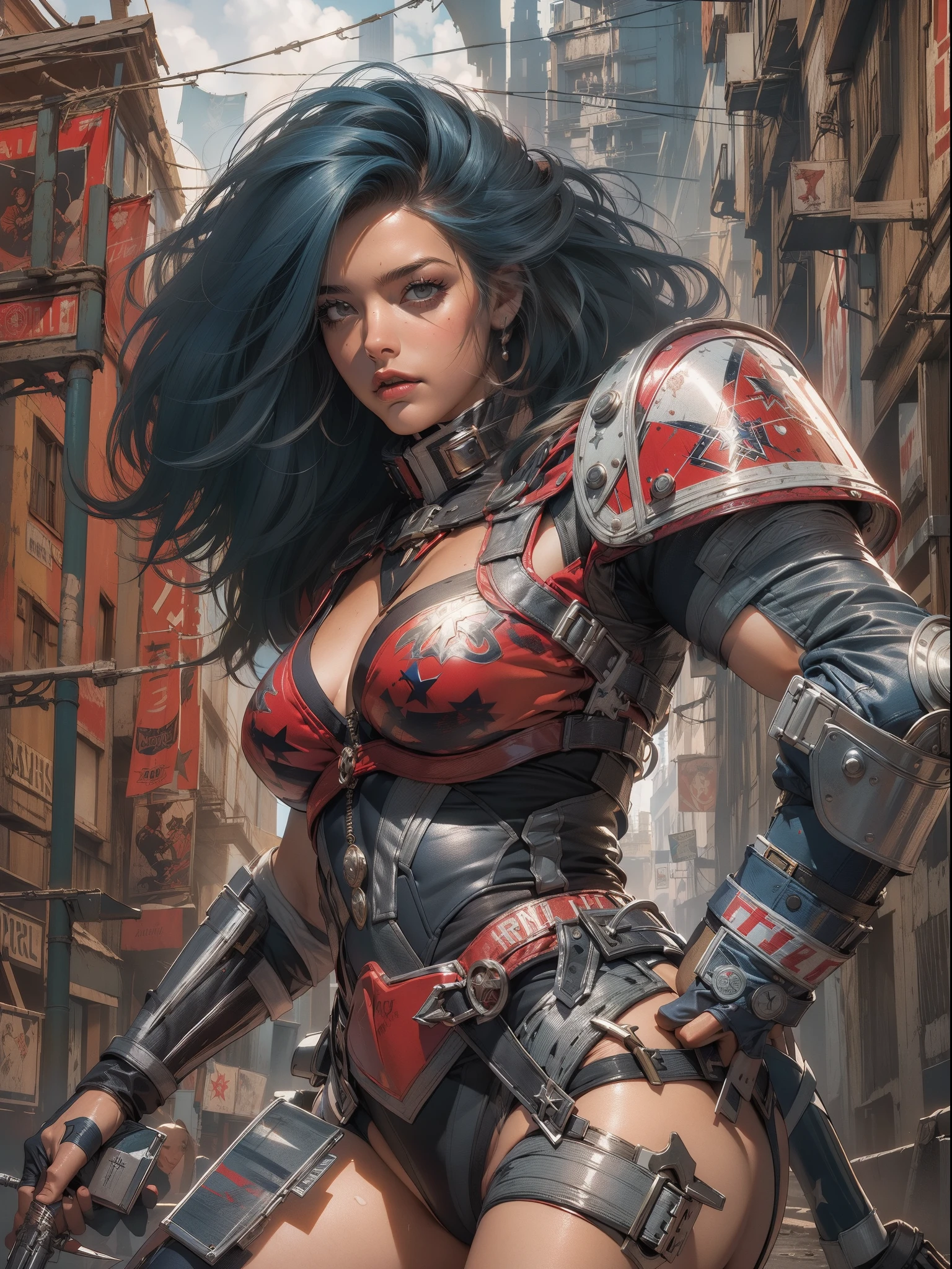 (((mulher))), (((melhor qualidade))), (((obra prima))), (((adulto))), (((1girl))), ((( corte de cabelo bob ))), Uma gladiadora cyberpunk mulher de 25 anos com corpo perfeito, shoulder pads with metal spines, Gladiadores do Brooklyn, (( corte de cabelo bob )), tiny leather panties, camiseta de time de rugby rasgada, quase nua no estilo selvagem urbano de Simon Bisley para a capa da revista Heavy Metal, Cabelo loiro curto, Minimum clothing, Metal protection on the left arm with intricate graphics, Dark red with white stars and white and navy blue checkerboard pattern, armadura, cheio de pontas e rebites, (((do joelho pra cima))), cabelos loiro branco curto, no fundo uma parede pintada por Shepard Fairey com um design intrincado