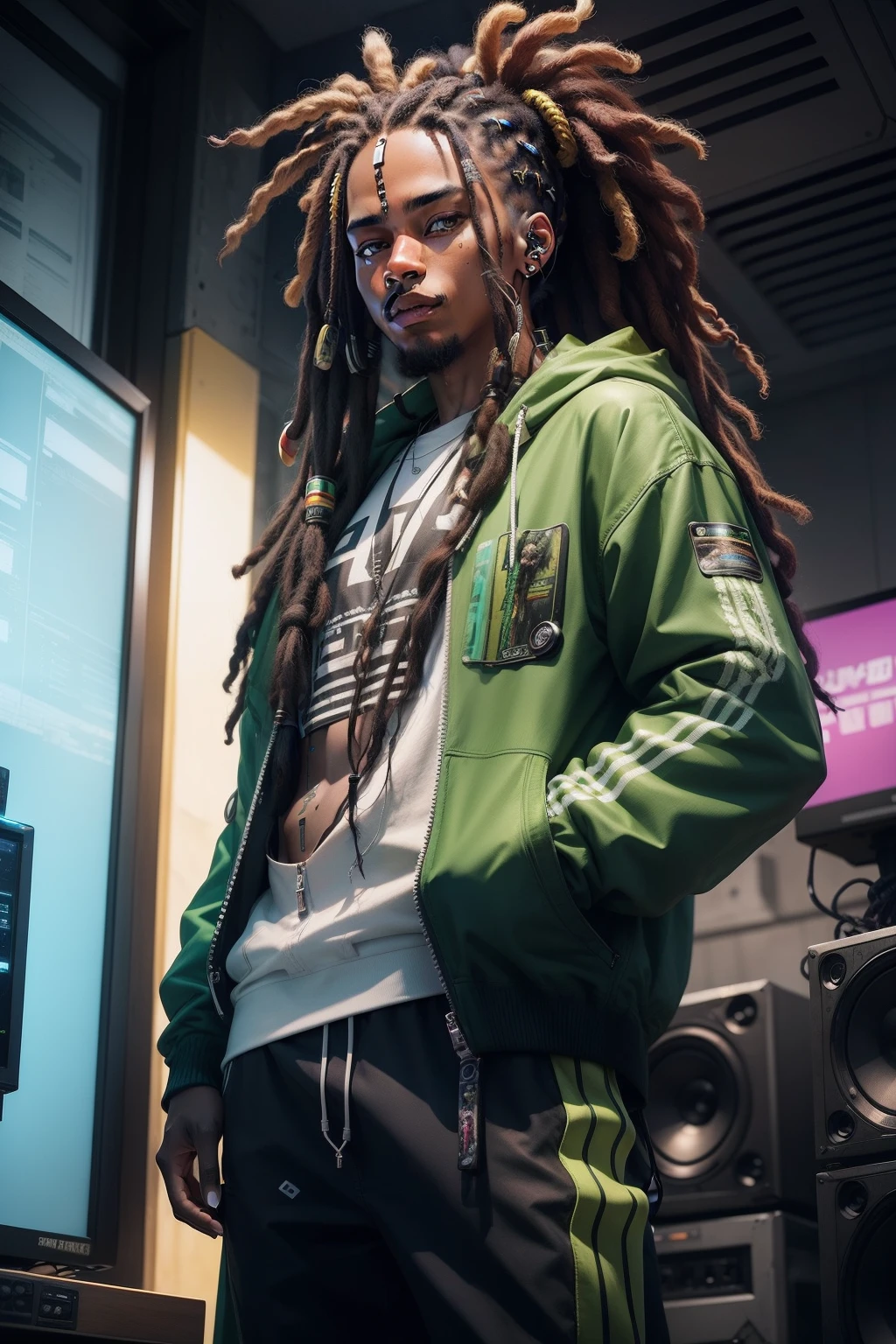 Future reggae artists、dreadlock hair、One Man、cyberpunked、speakers、a picture、(A hyper-realistic),(top-quality), (ultra-detailliert)、Standing outside