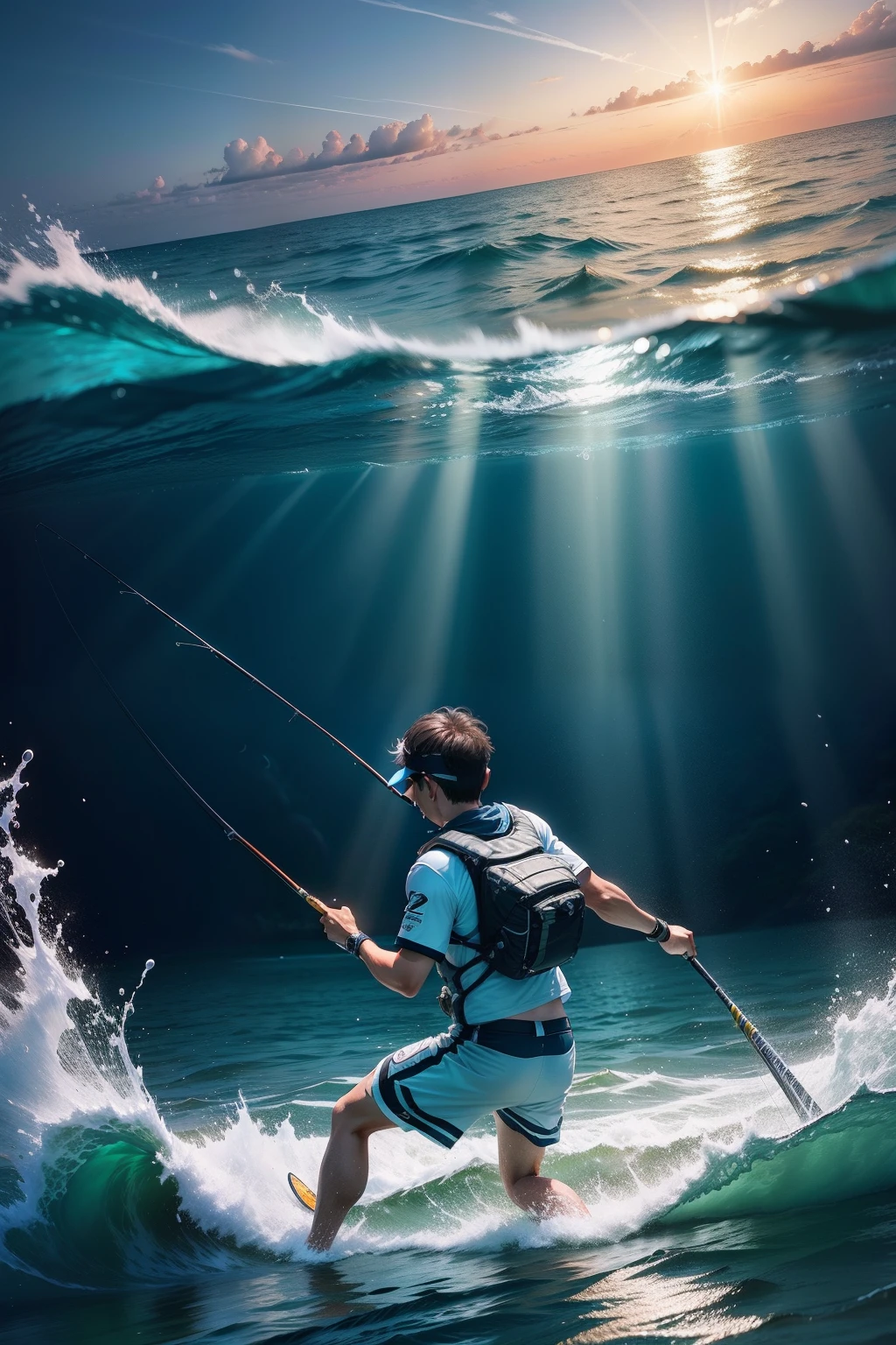 Clear water，Shimmering light，Horizontal shooting，Tyndall rays，Anglers fishing。