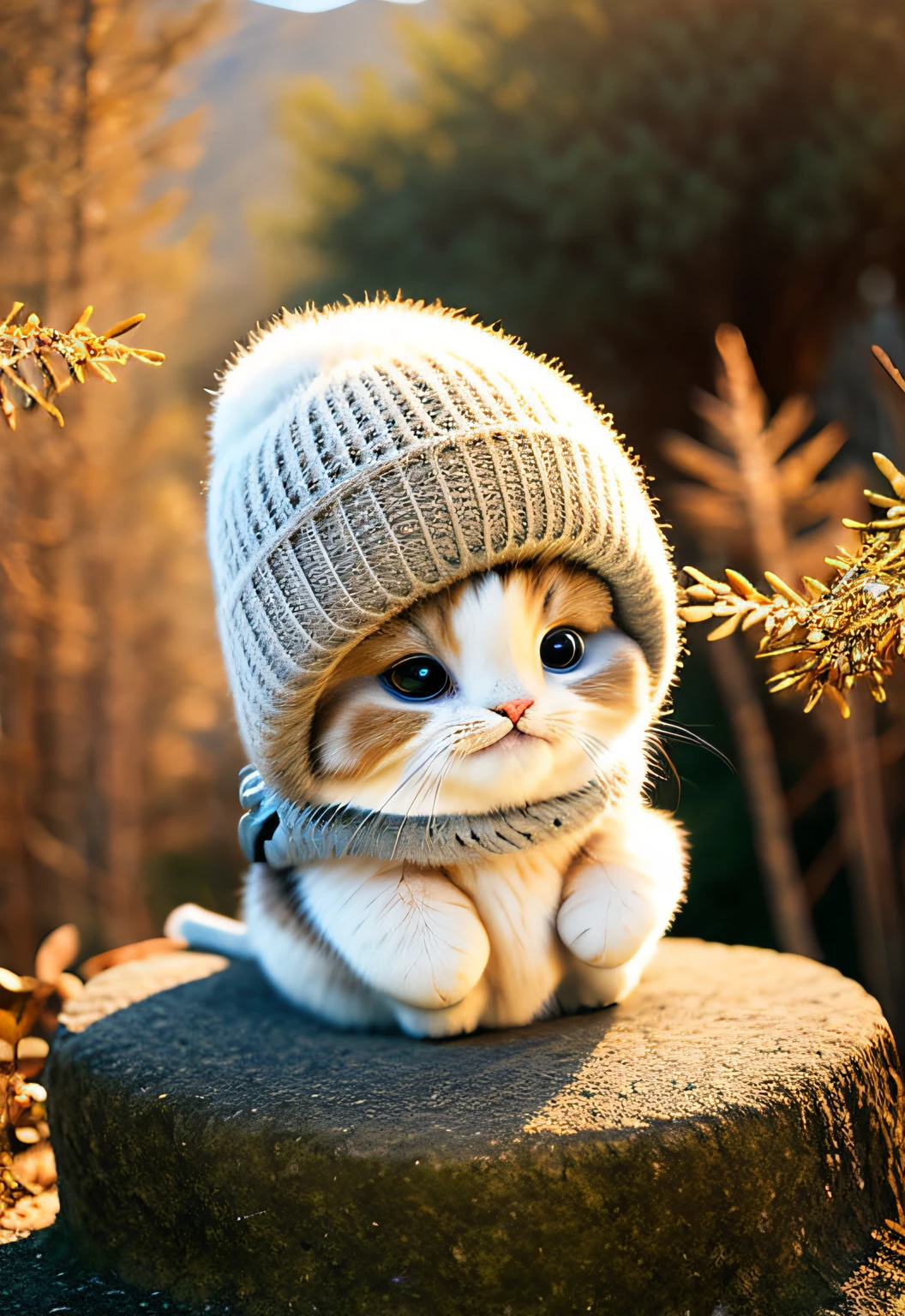 Cute cat sitting at the base of a tree in the middle of the mountain