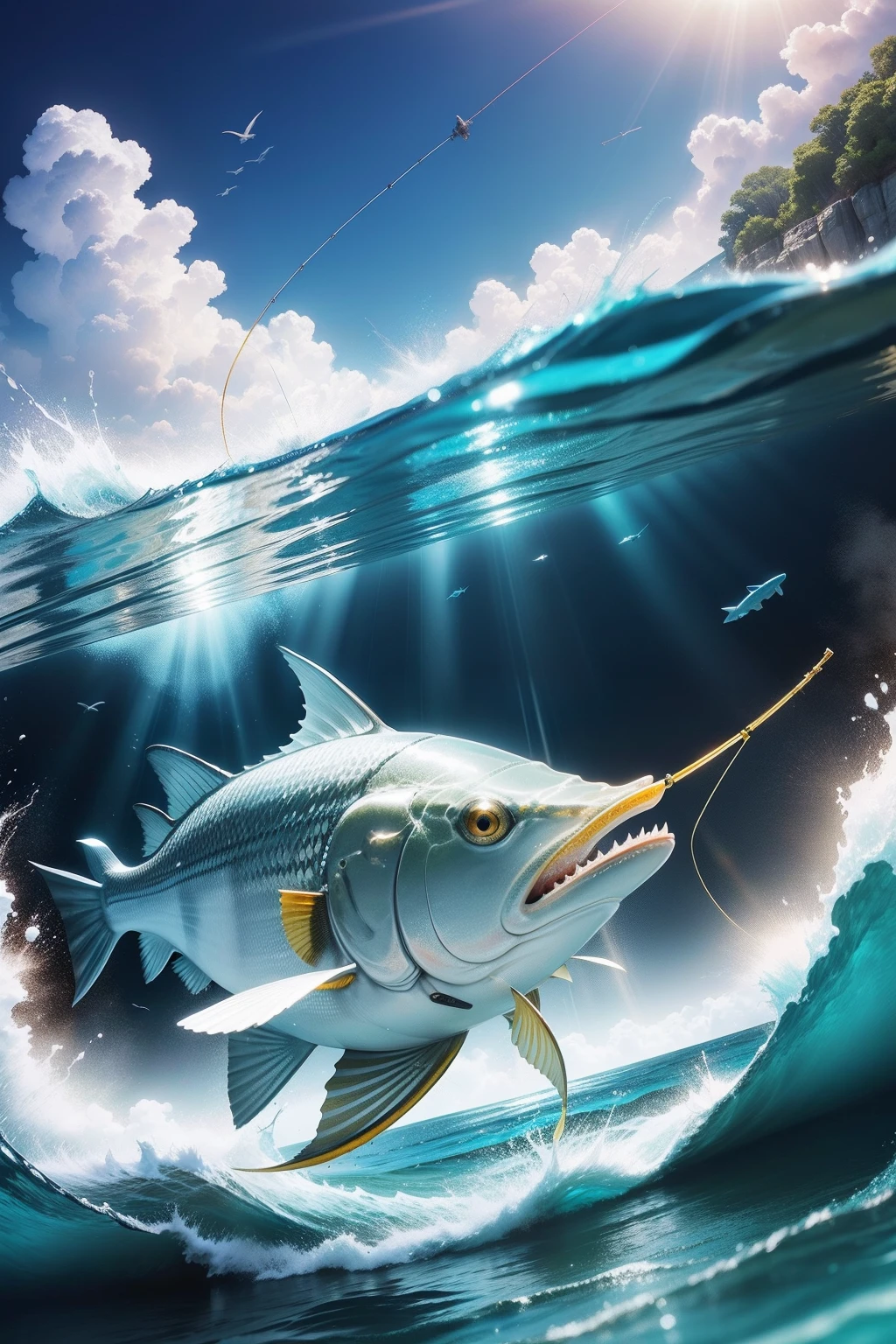 Clear water,Shimmering light,Horizontal shooting,Tyndall rays,Anglers fishing。