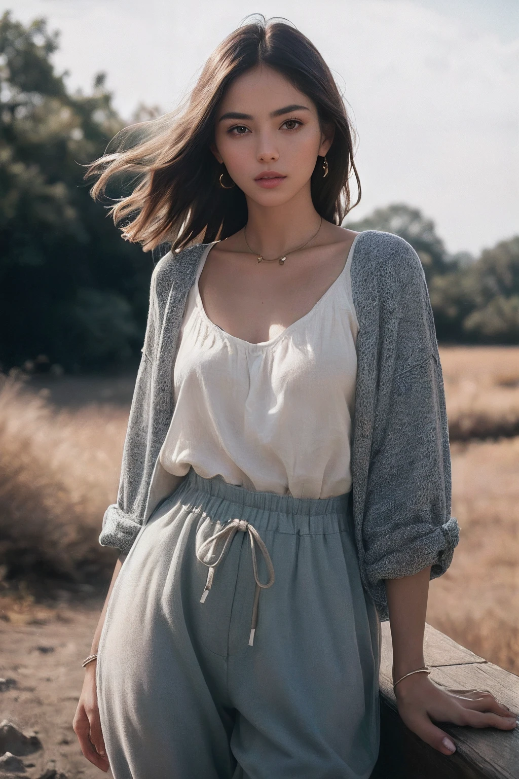 (Photorealistic:1.4), (Raw photo, 8k, best quality, masterpiece, high resolution), medium shot portrait photo, 1girl, wearing (casual baggy outfits), posing for picture, model-shoot style, magazine cover photo style, professional photograph, highly detailed, (beautiful, elegant, attractive), soft sensual lighting, hyperrealism, ultra realism, cinematic portrait, film grain,