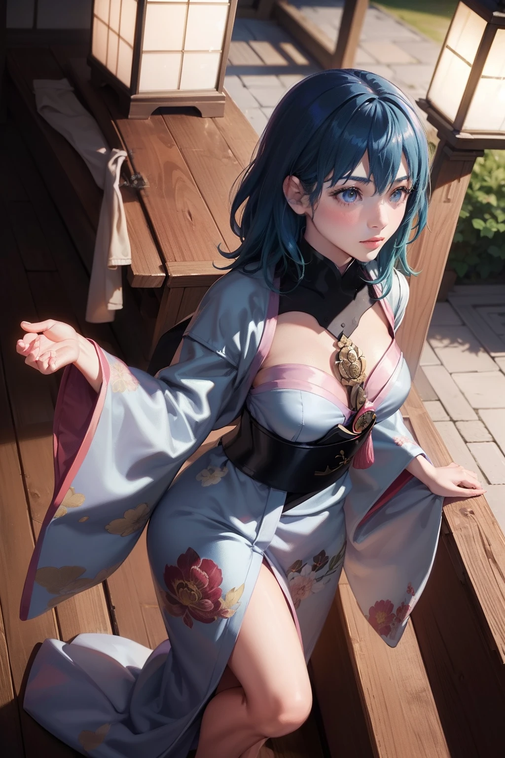 ​masterpiece, (reallistic:1.4), surrealistic, (((bathrobe)))、top-quality, image perfect, 独奏, Japanese garden, byleth(femele), breastplates, blue hairs ,Skysky, Pink glow, florals, Floating Heart,kimono,