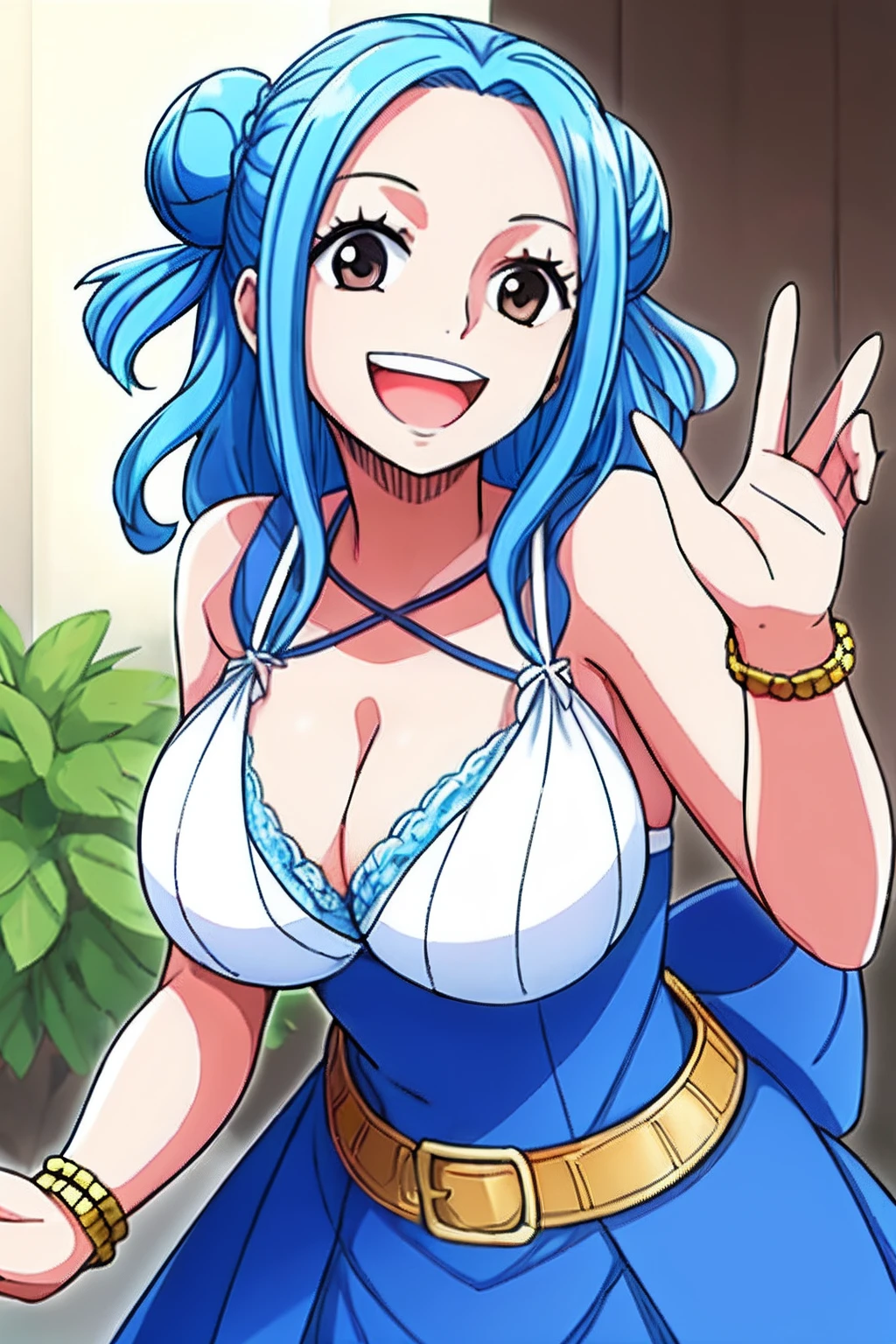 Large breasts, 1girl, smile, close up, castel, blue hair, front focus,happy,double vertical stripe.double bun, blue dress, white bra