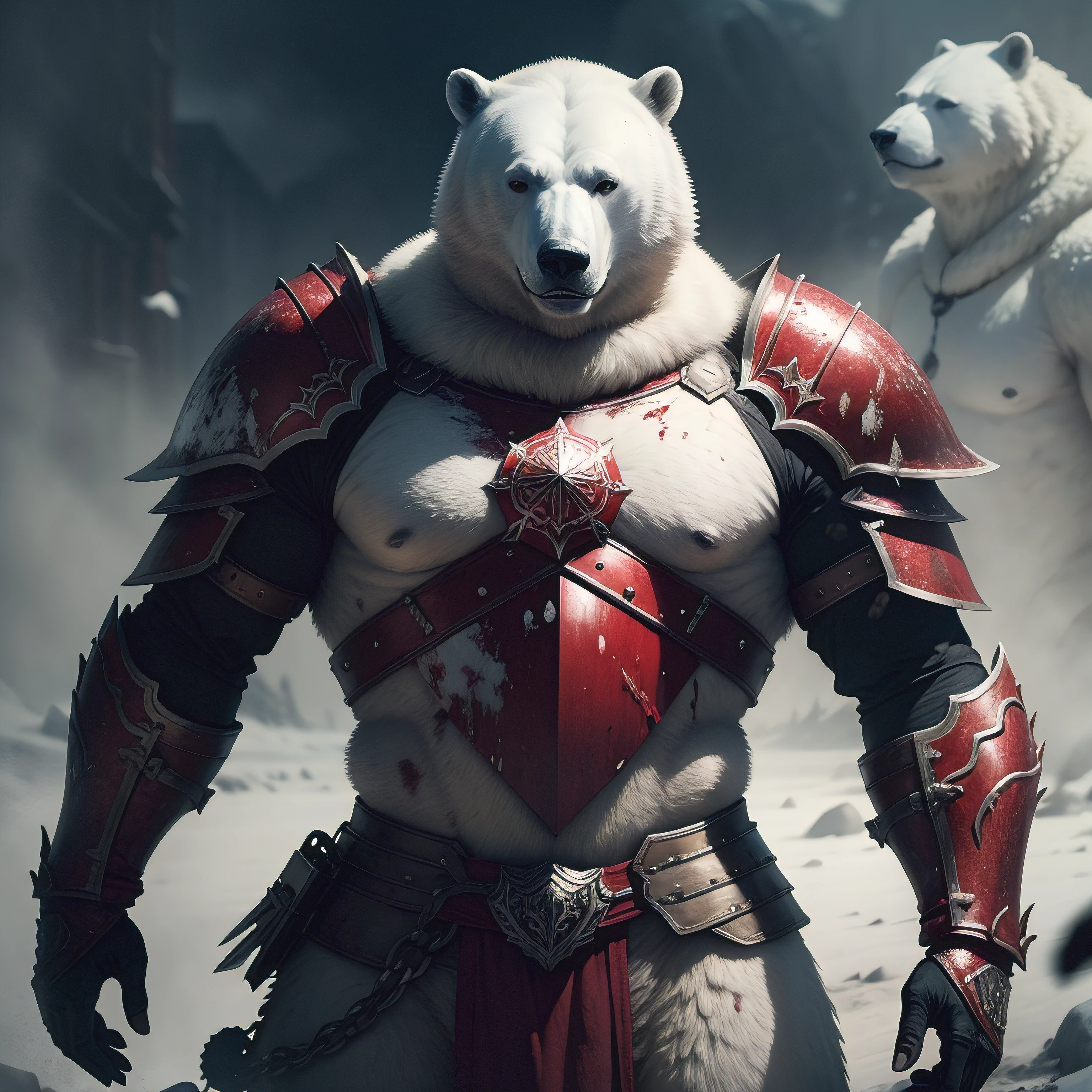 There's a polar bear standing dressed in blood-stained armor, rosto do urso macado de sangue, serious look, olhando pra camera, dramatic cinematic detailed fur, Artistic background, urso machucado, 4k imagem