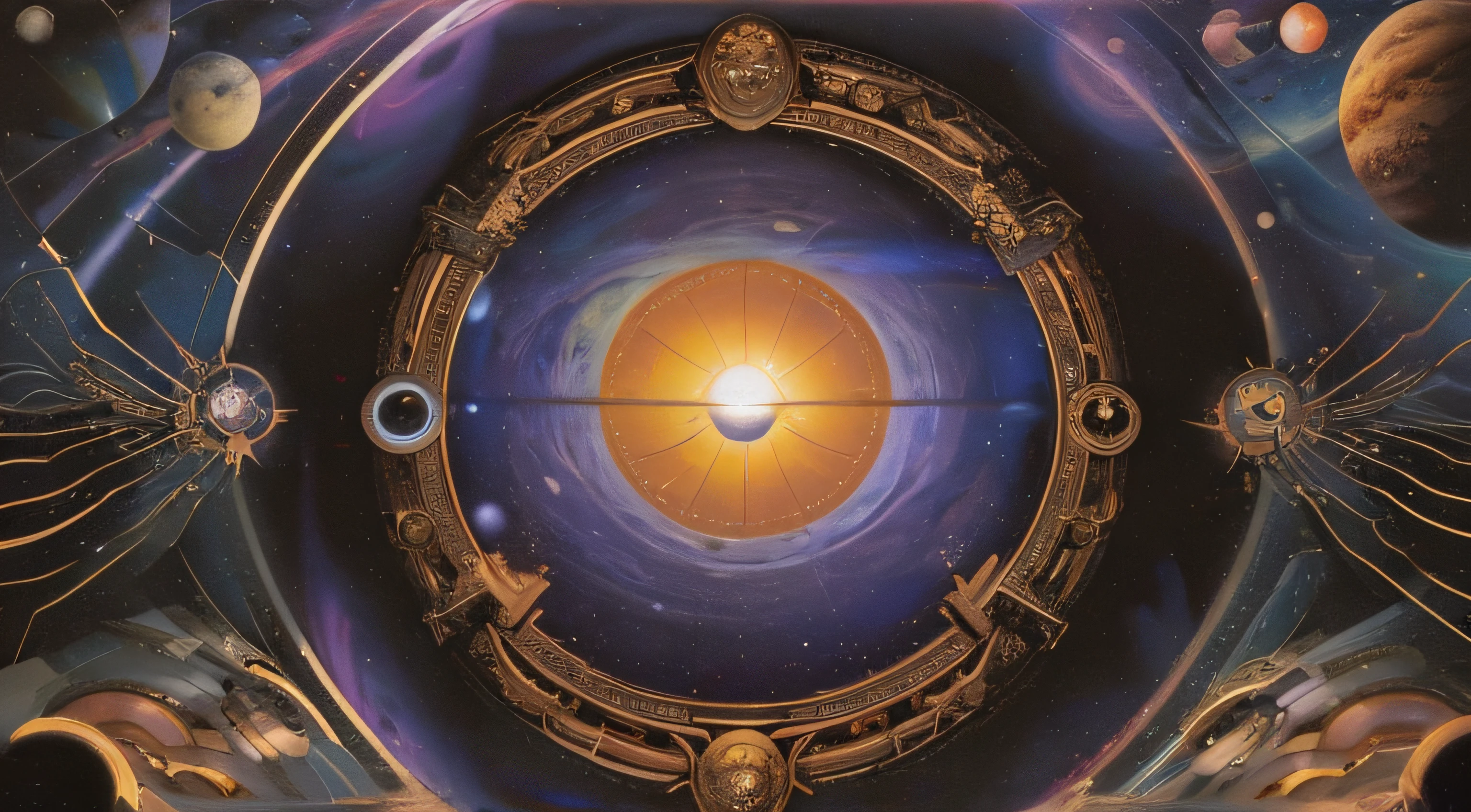 painting of a circular space with a sun and planets in the background, star - gate of futurisma, dimensional portal, portal into anotheer dimension, stargate, ultima moongate, orbital rings, painting of ornate space ship, orbital, astral appearance, the eye of god rah, majestic interstellar portal, infinite celestial library, astral plane, interstellar infinity portal