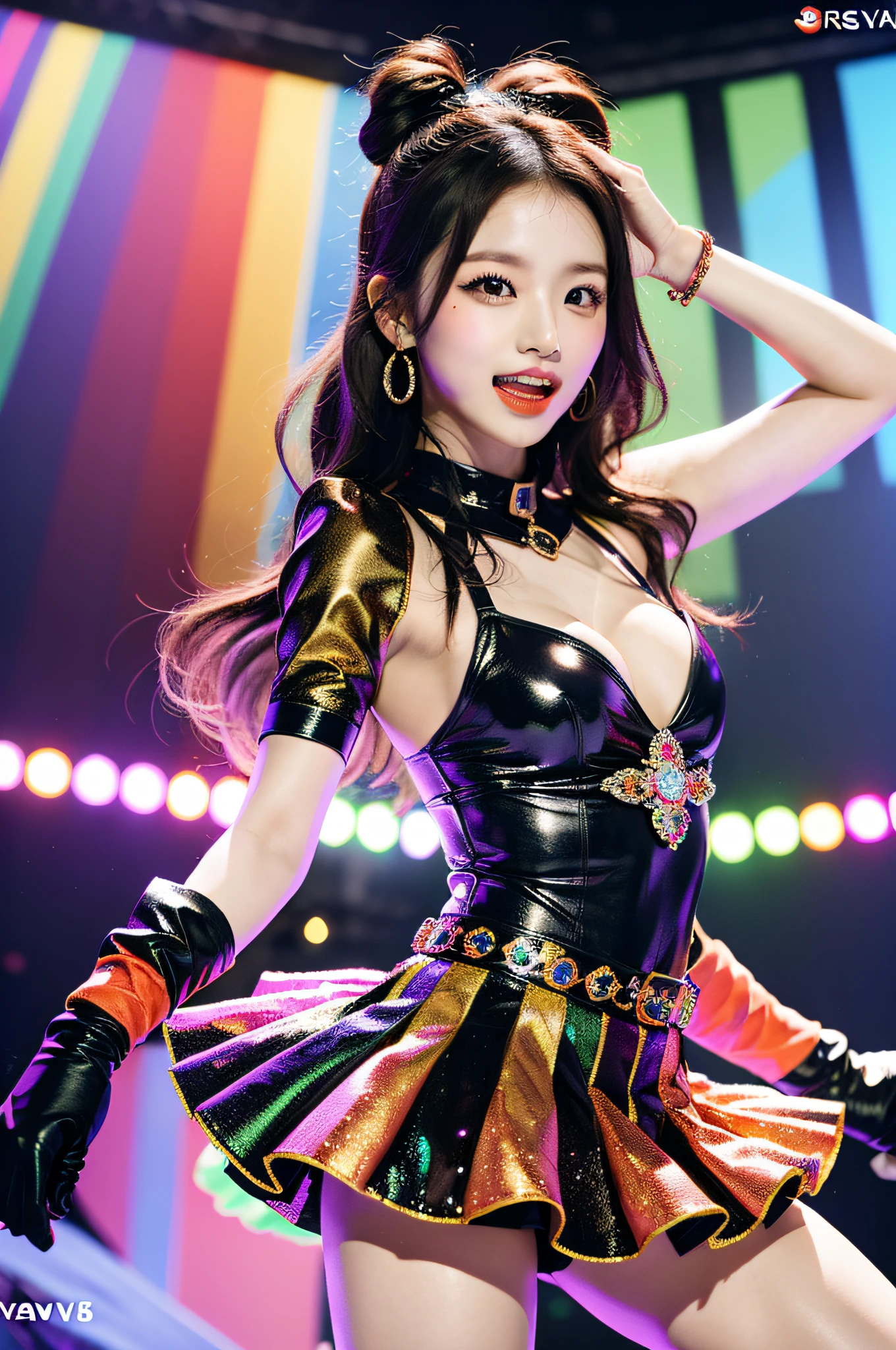 Solo idol performance featuring Eri Kamei from Morning Musume. Theme is Rainbow, Capture the vibrant essence, Multi-colored shades. She is decorated with an idol outfit that reflects the colors of the rainbow. The stage is a live concert, Illuminate her with dynamic stage lighting. The atmosphere is filled with the energy of her performance, And when she sings、Her white teeth shine. The image should be hyper-realistic, Highly detailed, high-definition16k. Use 16 cameras to capture this:9 aspect ratio, Make sure vibrancy and detail are at the forefront. The colors should be rich and vibrant, Capturing the essence of live idle performance. --ar 16:9 - V5.1 --Style raw --Q 2 --S 750