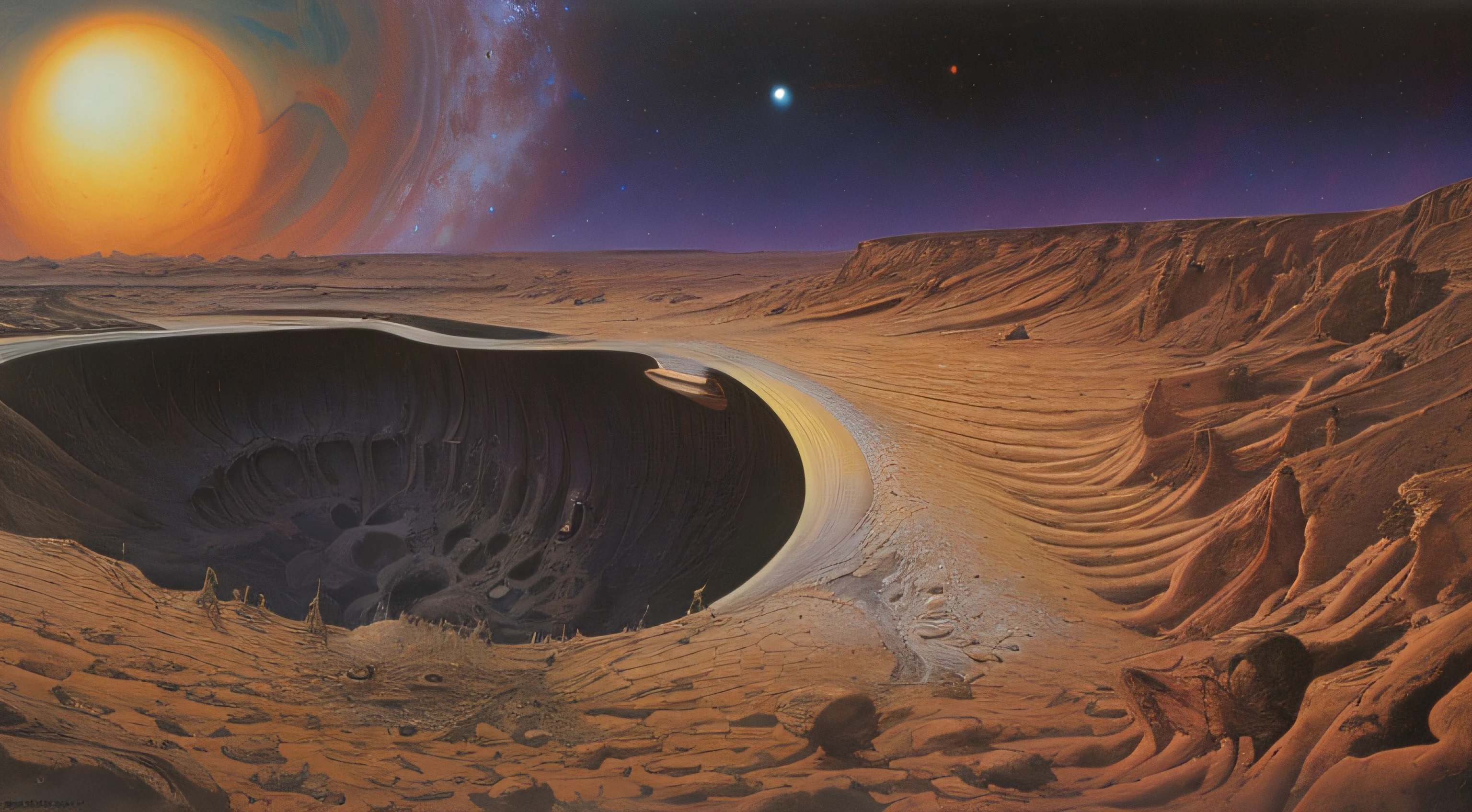 painting of a giant hole in the desert with a bright sun in the background, by Jim Burns, wide angle. wayne barlowe, tim white art. 64 megapixels, style of jim burns, planetary landscape, by Les Edwards, les edwards poster art, by David G. Sorensen, wayne douglas barlowe, wayne barlowe detailed