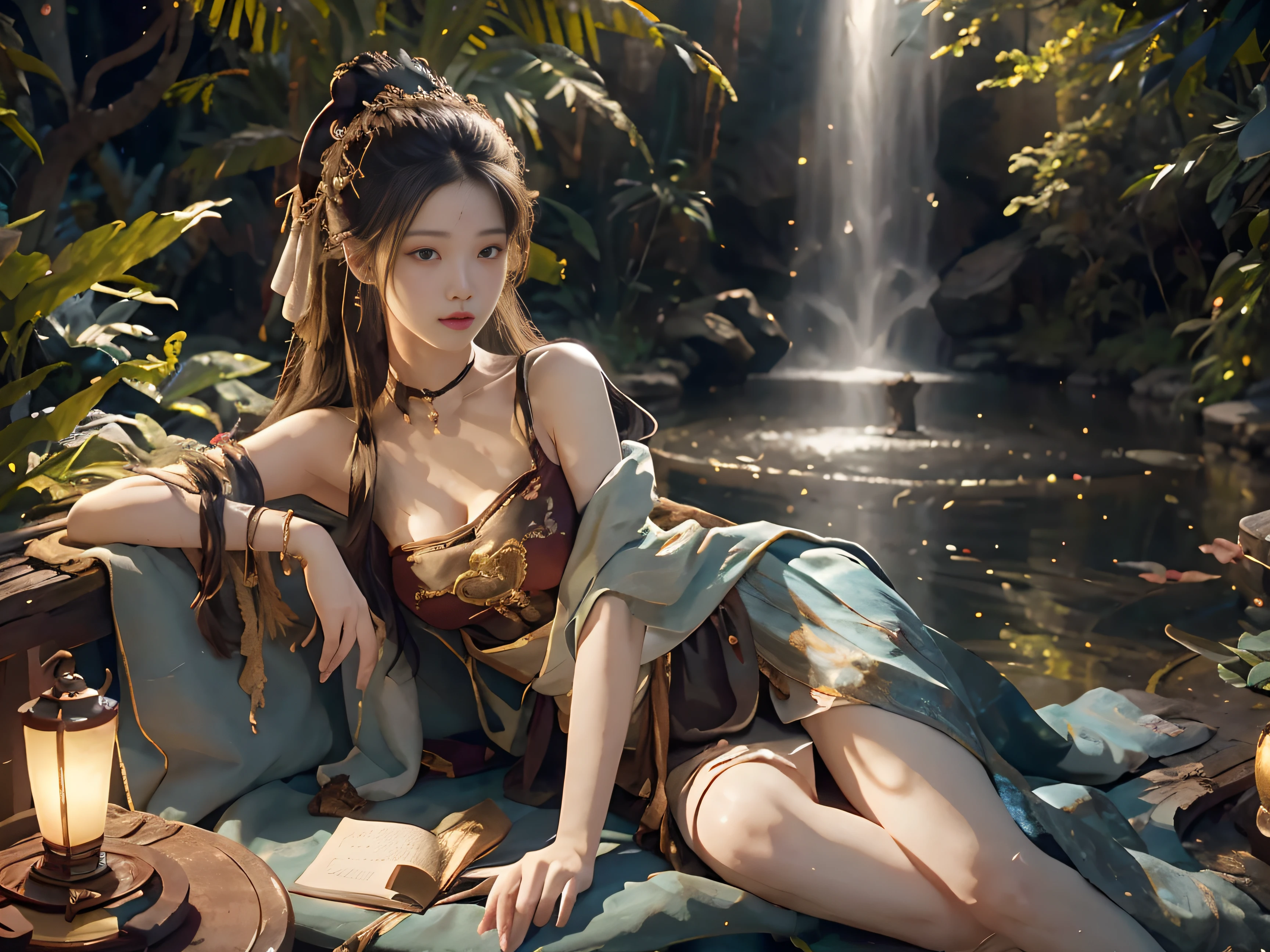 Pitch black night,On a moonlit night, A girl sits by a pond under a tree,A delicate ancient lamp next to it emits a faint warm light,NSFW,(RAW photos,best qualtiy),(realisticlying,photograph realistic:1.3),best qualtiy,highly detailed,tmasterpiece,ultra - detailed,illustratio,1girll,The upper part of the body,dynamic angle,Masterpiece Theatre of the World,Messy_Long_Hair,best qualtiy,the Extremely Detailed CG Unity 8K Wallpapers,ink,astounding,cinmatic lighting,lens_flare,dunhuang_Style,cleavage,Warm and cold light,Cinematic texture,exteriors