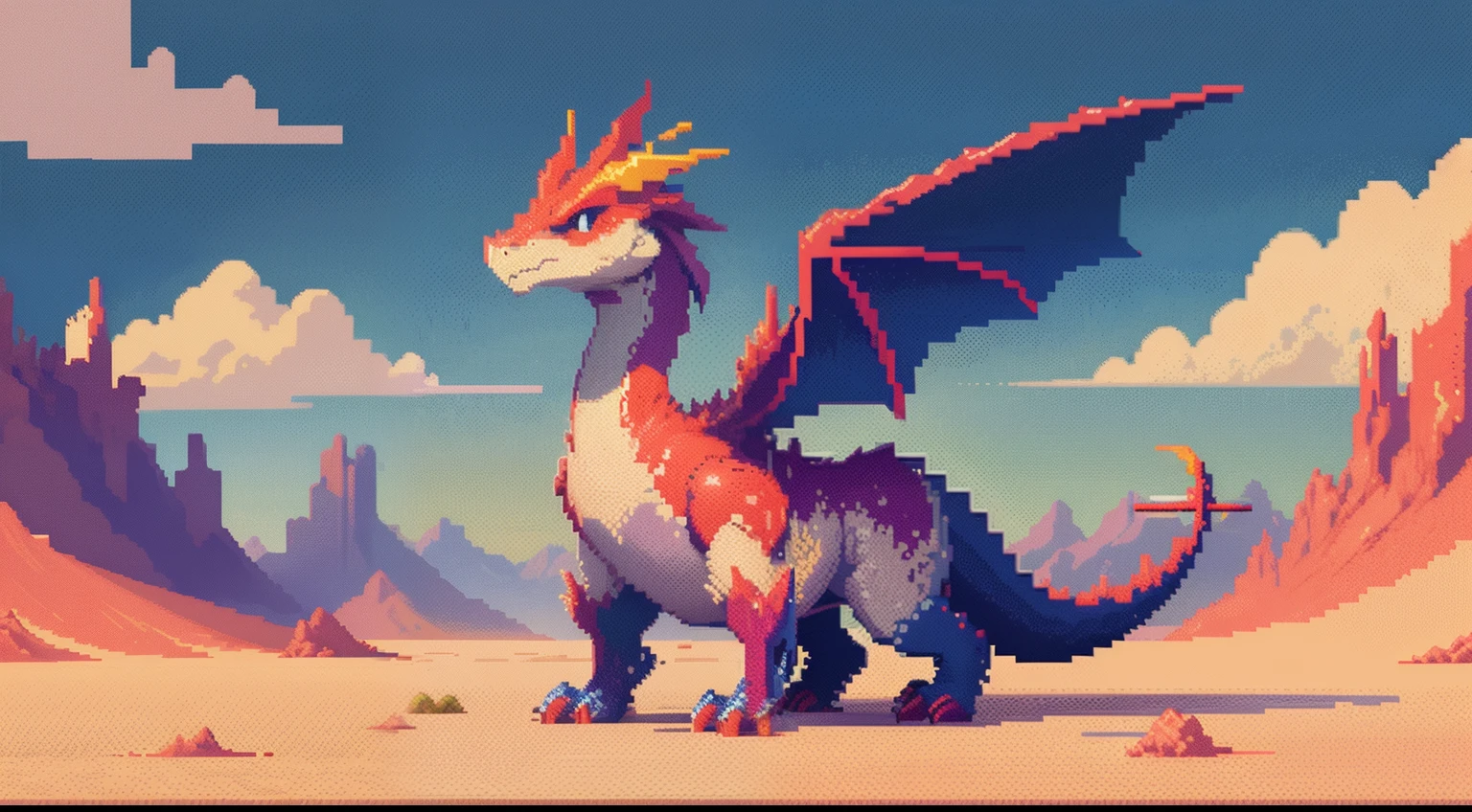 Pixel image of a dragon, A desert,blue-sky,baiyun,depth of fields,Dragon pixel art, 1 0 0 0 x 1 0 0 0 pixel art, pixel art sprite, videogame sprite, high quality pixel art, Pixel art vintage Digimon bitmap, For red and blue Digimon,Pixel uh, 32-bit pixel art, pixel art 8 - bit, pixelart style,Colors are vivid and highly saturated