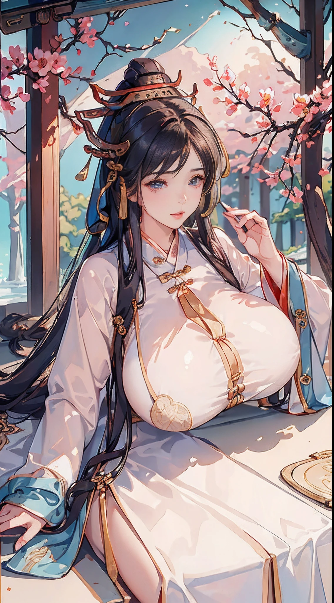 Surface best quality，8K, )，(Close-up)，(Han clothing, Hanfu :1.5)，{26-year-old lactating woman}， (????????????:1.6), (??????:1.4)，ssmile，Milky white dumplings，In a tea house，east asian architecture