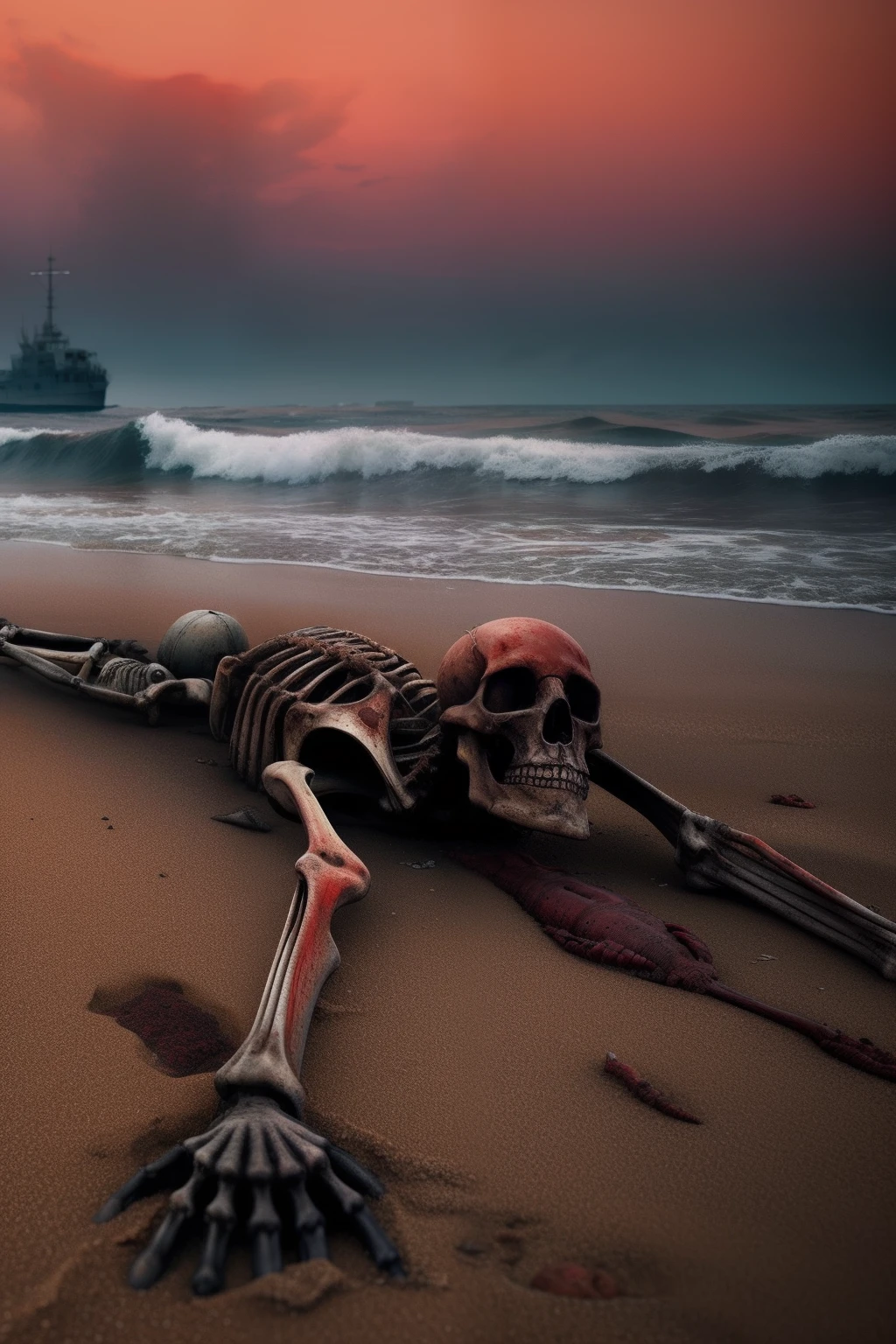 In rapidly polluted waters,There is a mutated human crawling from the sea to the shore,crawling,The skeleton's body was still stuck to flesh and blood,MuCoi,nausea,Unknown marine life,Armageddon,Wasteland,sandbeach,junk,dead body,The end of the world,blood red colored sky,8K