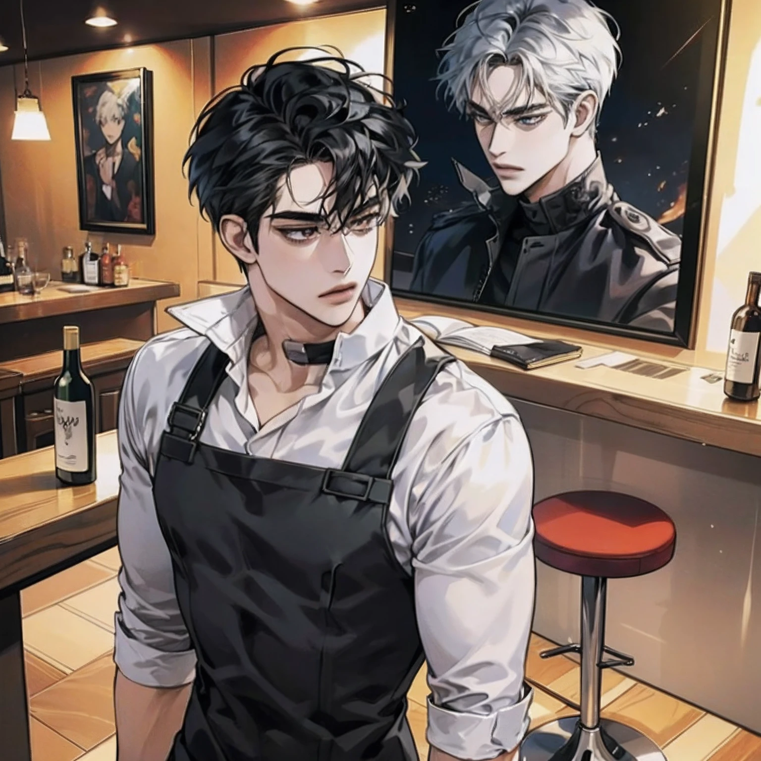 Hombre anime, Anime hombre guapo,Cuerpo muculoso, atletic, cuerpo fornido, hombors amplios, cabello de color negro,vestido de negro, en un bar sirviendo una copa de vino en la mano detras de la barra, inspirado por Okumura Masanobu, Chico guapo en el arte del asesino de demonios, Chico de anime alto con ojos negros, Arte clave del anime, inspirado por Okumura Togyu, Key anime images, Joven hombre de anime, (side split, High cold), en un bar, with a frantic expression, walking away