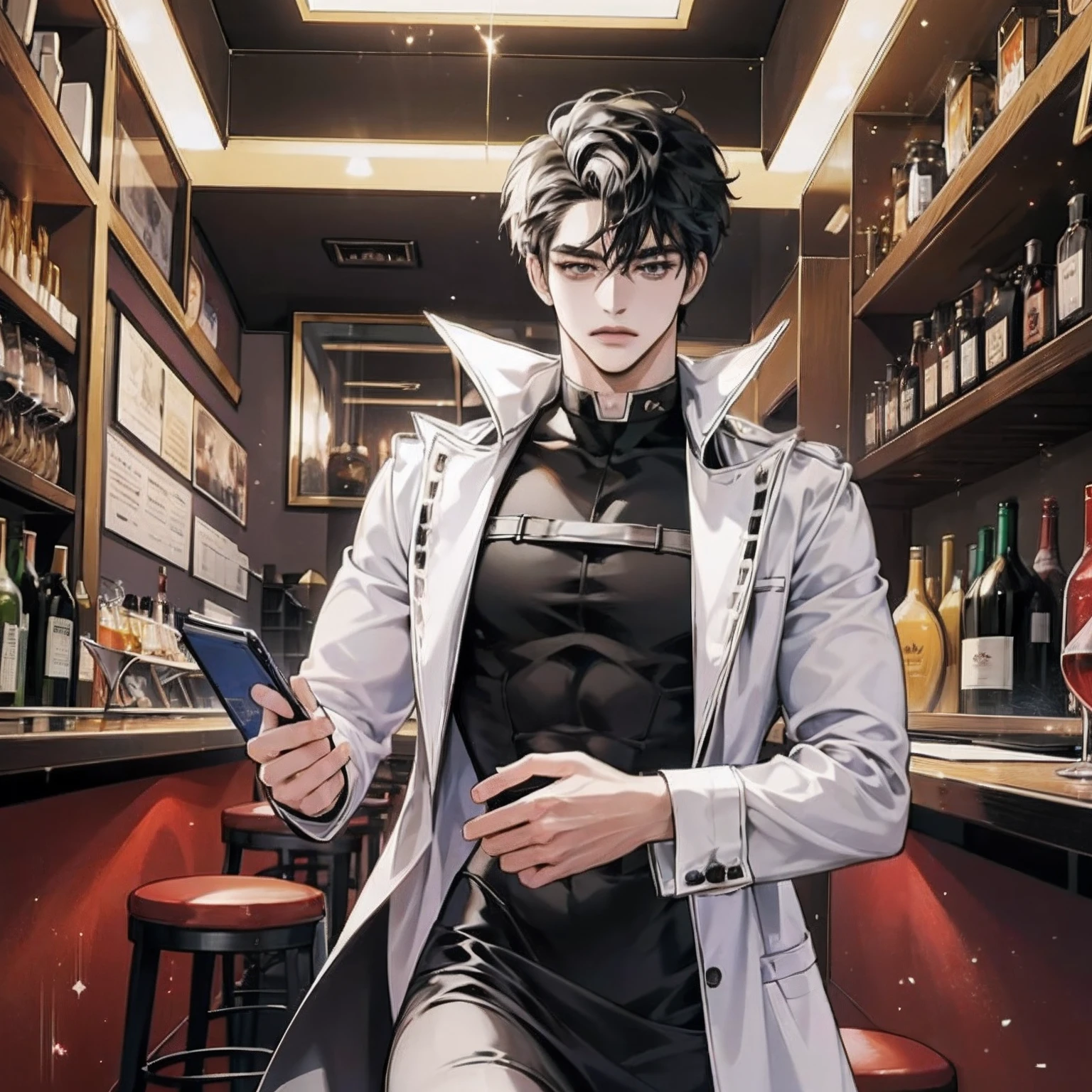 Hombre anime, Anime hombre guapo,Cuerpo muculoso, atletic, cuerpo fornido, hombors amplios, cabello de color negro,vestido de negro, en un bar sirviendo una copa de vino en la mano detras de la barra, inspirado por Okumura Masanobu, Chico guapo en el arte del asesino de demonios, Chico de anime alto con ojos negros, Arte clave del anime, inspirado por Okumura Togyu, Key anime images, Joven hombre de anime, (side split, High cold), en un bar, with a frantic expression, walking away