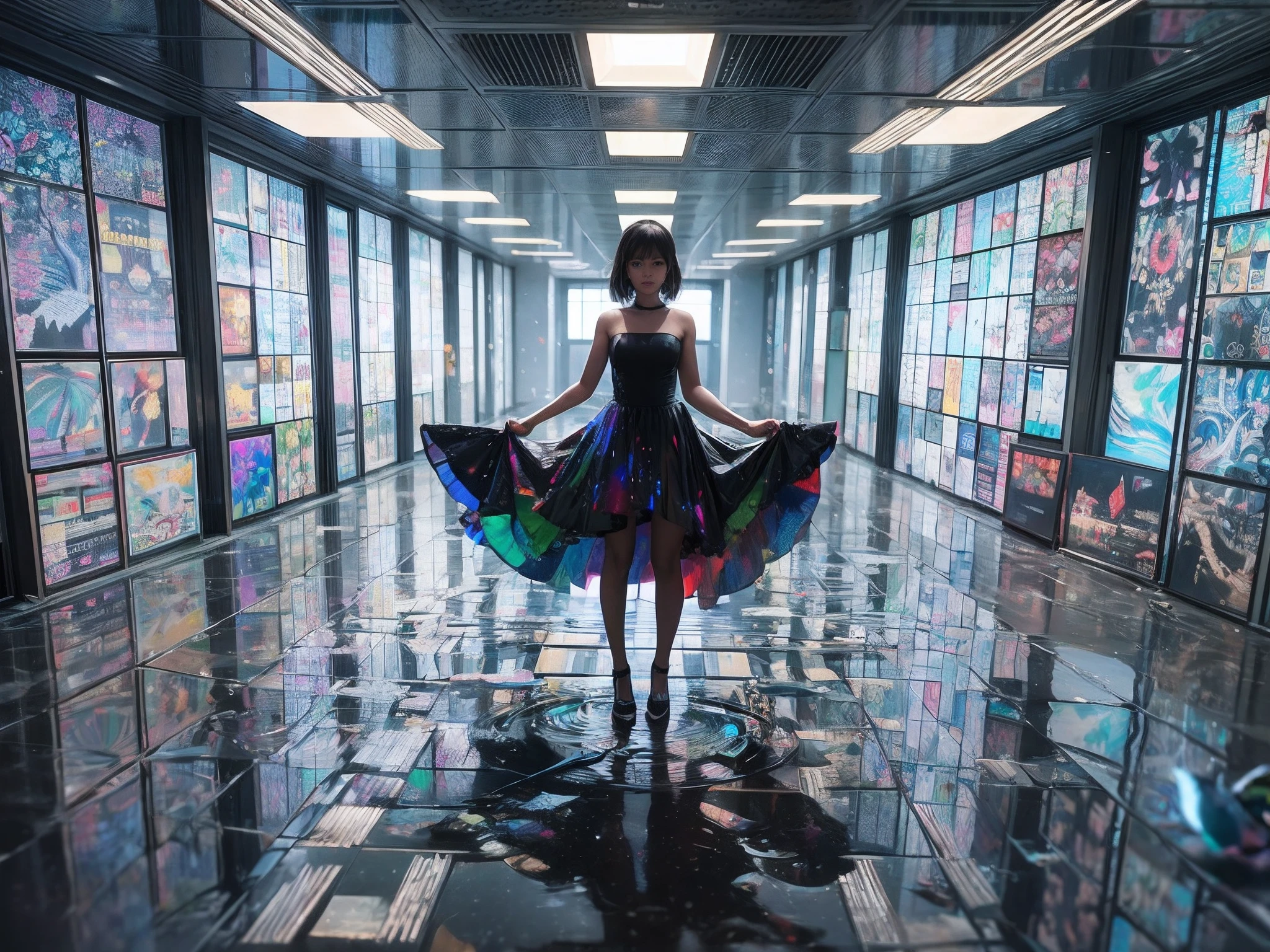 A black girl in a reflective dress, standing in a room full of, a bunch of cubes with a light on them, abstract blocks, with iridescent light, highly detailed images, vibrant beautiful colours, photorealistic image, 8k, ultra HD, unreal engine rendered, cinematic lighting, artgerm style, revanimated v1.2.2, cgsociety 9, masterpiece, --auto --s2