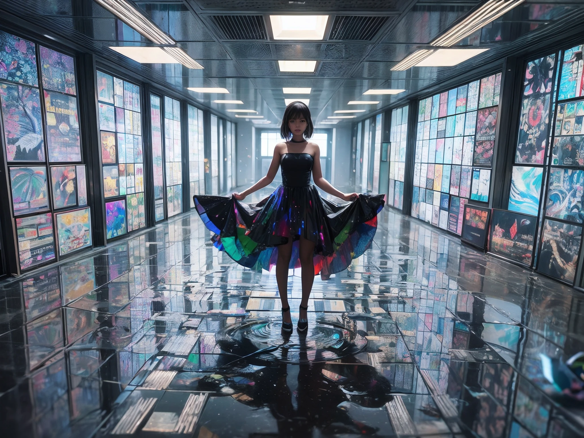 A black girl in a reflective dress, standing in a room full of, a bunch of cubes with a light on them, abstract blocks, with iridescent light, highly detailed images, vibrant beautiful colours, photorealistic image, 8k, ultra HD, unreal engine rendered, cinematic lighting, artgerm style, revanimated v1.2.2, cgsociety 9, masterpiece, --auto --s2