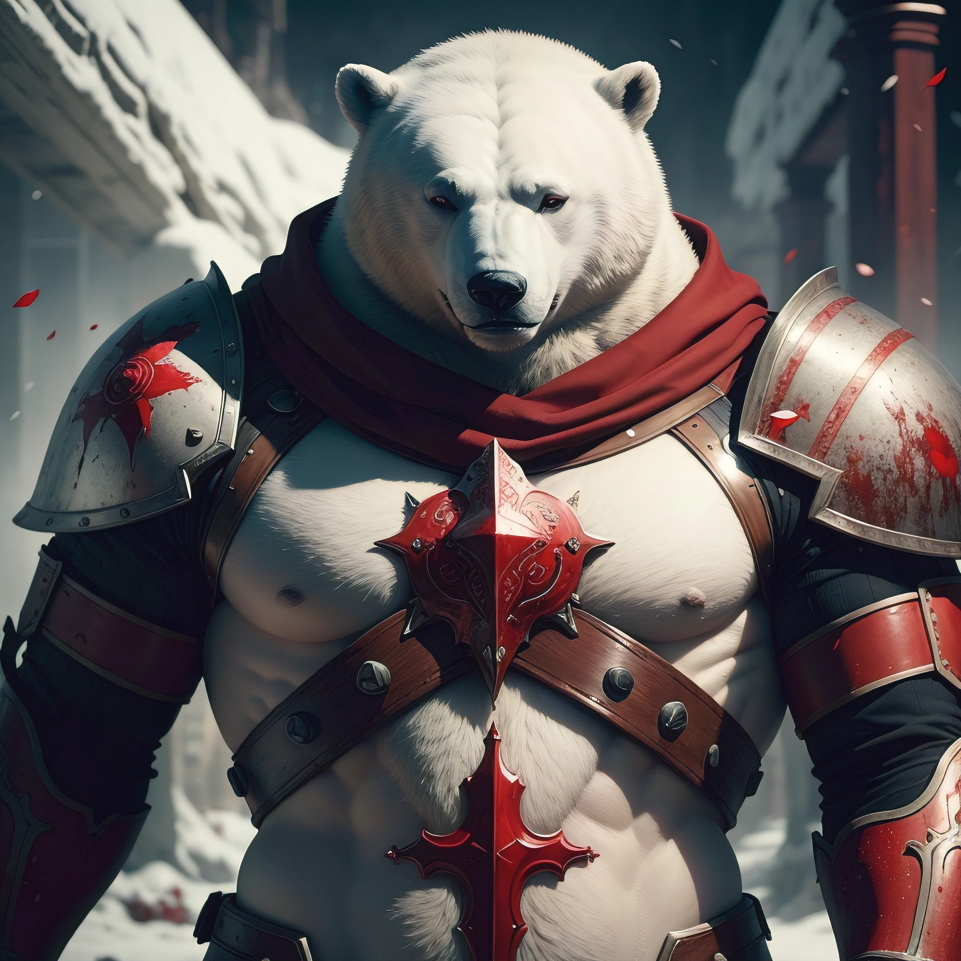 There's a polar bear standing dressed in blood-stained armor, rosto do urso macado de sangue, serious look, olhando pra camera, dramatic cinematic detailed fur, Artistic background, urso machucado, 4k imagem