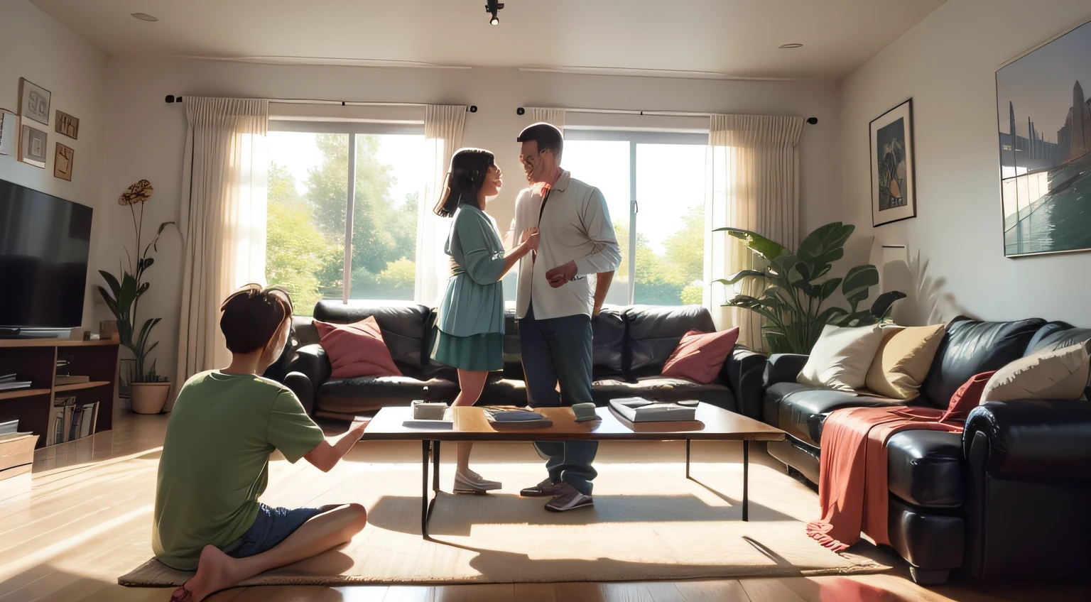 Mom and dad playing with their kids in the living room,cheerfulness,Large living room space,Hand drawn illustrations,Ghibli studio style,romanticized landscapes,Reunion theme,Less detail,Cartoon - AR 3:4-niji 5