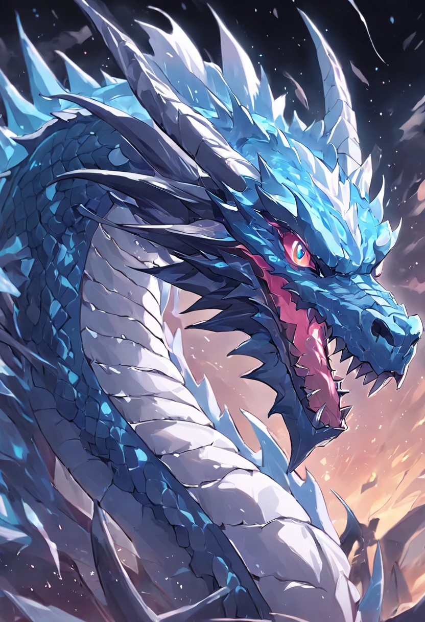 Close-up of a dragon with a large head,Blue-eyed White Dragon Tenryu,Huge dragon background,yugioh art style,Legendary Dragon,colossal dragon in background,Crystal Dragon,yugioh card,sliver ice color reflected armor。