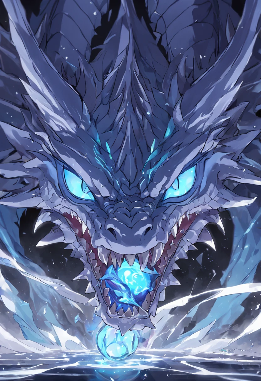 Close-up of a dragon with a large head，Blue-eyed White Dragon Tenryu，Huge dragon background，yugioh art style，Legendary Dragon，colossal dragon in background，Crystal Dragon，yugioh card，sliver ice color reflected armor。