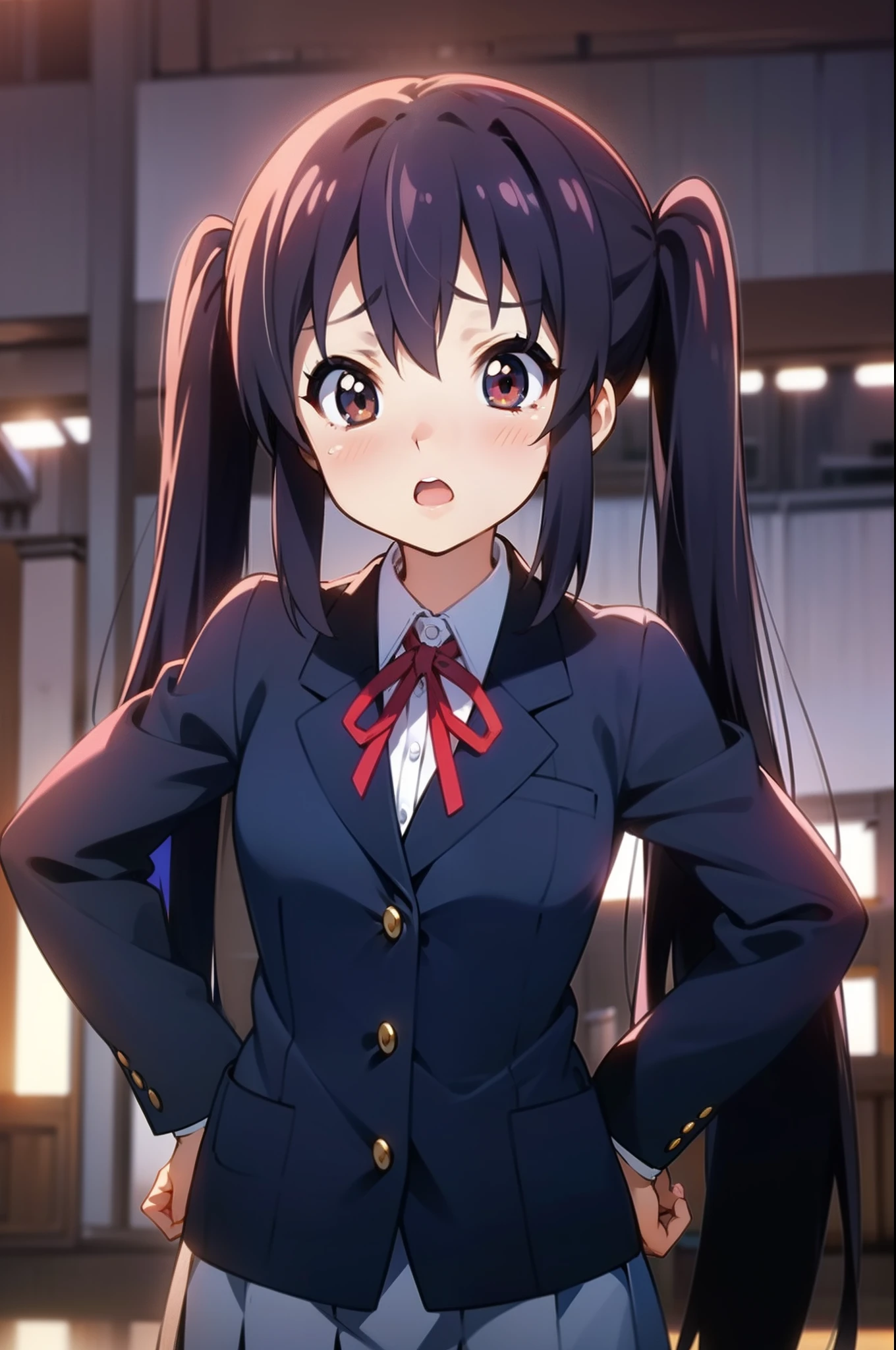 1girl, (((masterpiece))), highest quality, best quality, high detail, nakano azusa, 1girl, sakuragaoka high school uniform, school uniform, twintails, long hair, black hair, brown eyes, solo, red , a navy blue blazer with red narrow ribbon, a solid white buttoned shirt under the blazer, illustration, cartoon, soothing tones, calm colors, soft cinematic light, adobe lightroom, photolab, hdr, intricate, highly detailed, ((((depth of field)))). (((takeout))).dynamic focus.((big breasts)).(((Skyscrapers))).(((A city scape))).(((Face of sadness))). open mouth.(((put hands on the hip))).(((up chest))).((evening glow)).((the setting sun)).