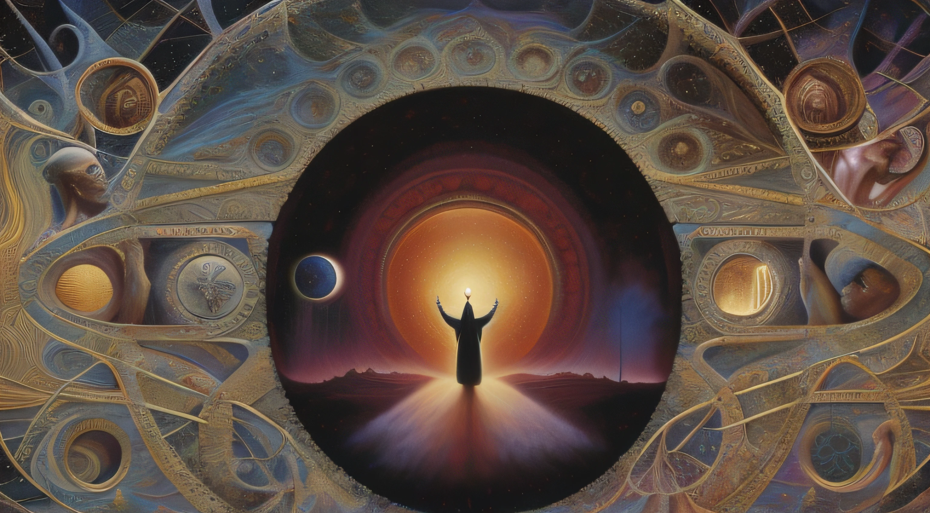 painting of a man standing in a doorway with a light at the end, by tomasz alen kopera, inspired by Johfra Bosschart, by Johfra Bosschart, visionary art, opening a shining portal, zdzislaw beksisnski, visionary painting, paul laffoley, by Don Maitz, portal to another universe, gateway to another universe