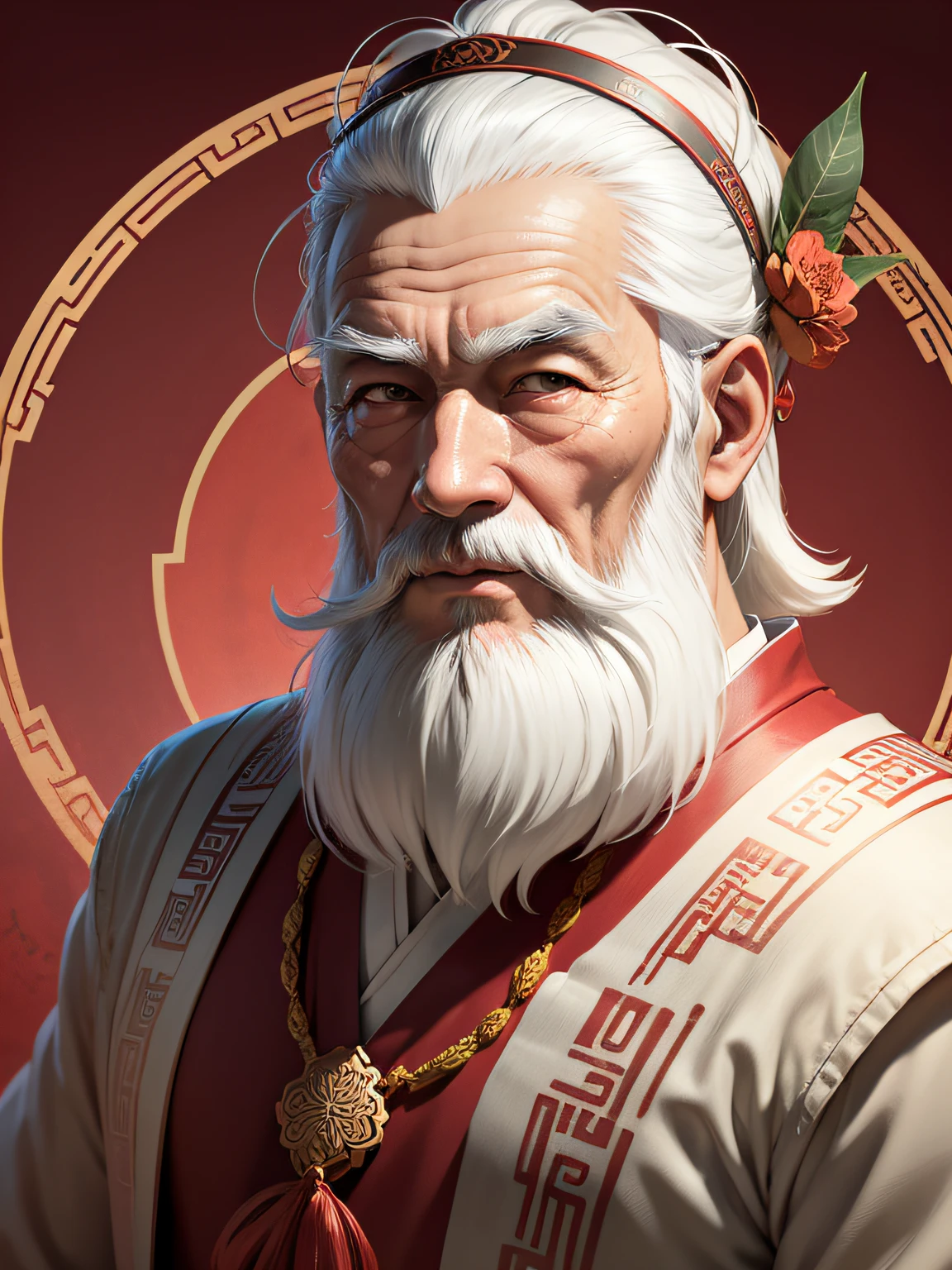 Draw a Chinese style fairy wind Dao bone oriental mythology old birthday star,Long white beard, white eyebrows, old man, old fairy,The old pharmacist had a long white beard and white eyebrows,Chinese style old birthday ,Birthday crane hair childlike appearance,Feel like a new person,Old and not decrepit,The forehead protrudes,Kind and lovely。Ultra-clear portrait,Asia face,Dunhuang style painting,Red background with colorful auspicious clouds。