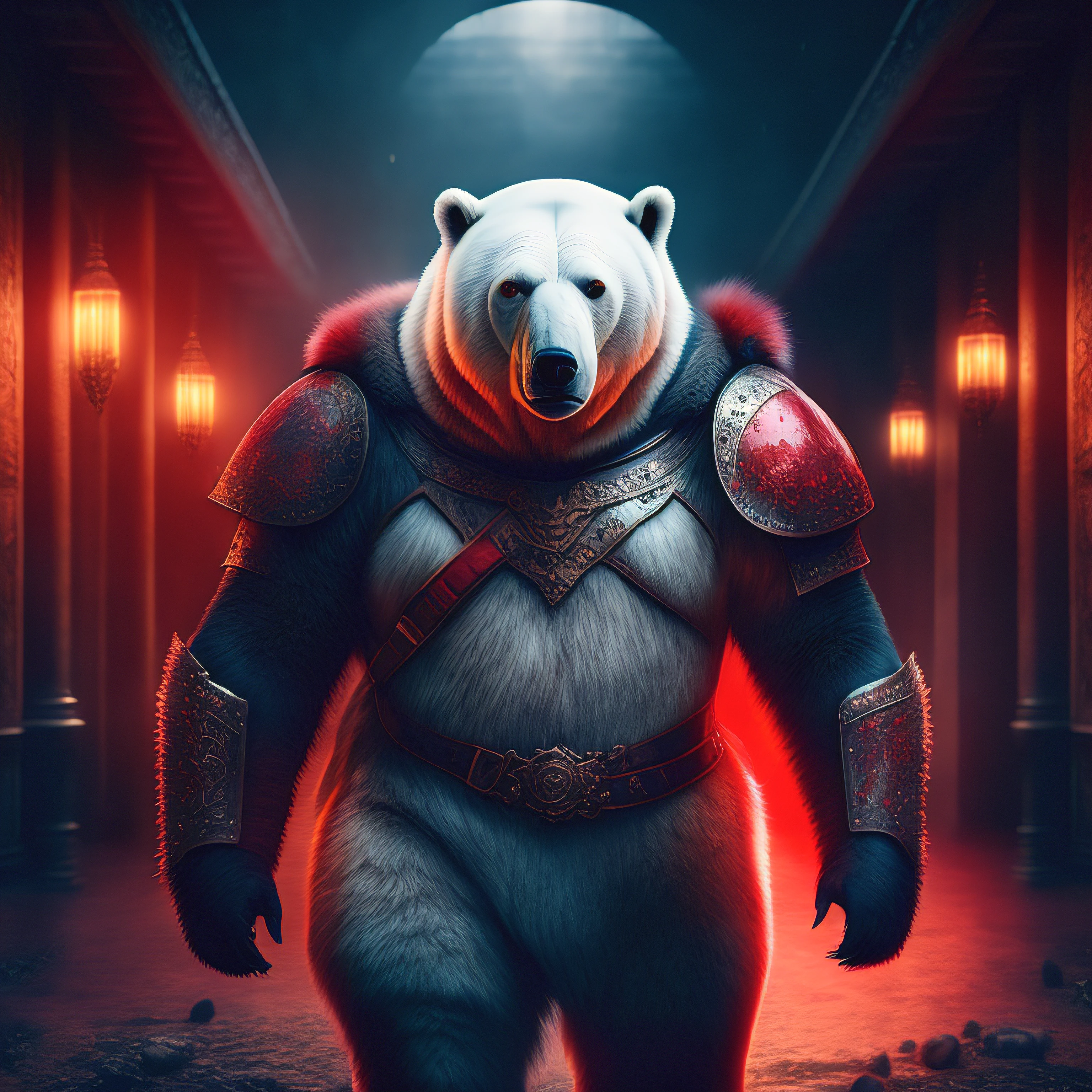 There's a polar bear standing dressed in blood-stained armor, rosto do urso macado de sangue, serious look, olhando pra camera, dramatic cinematic detailed fur, Artistic background, urso machucado, 4k imagem
