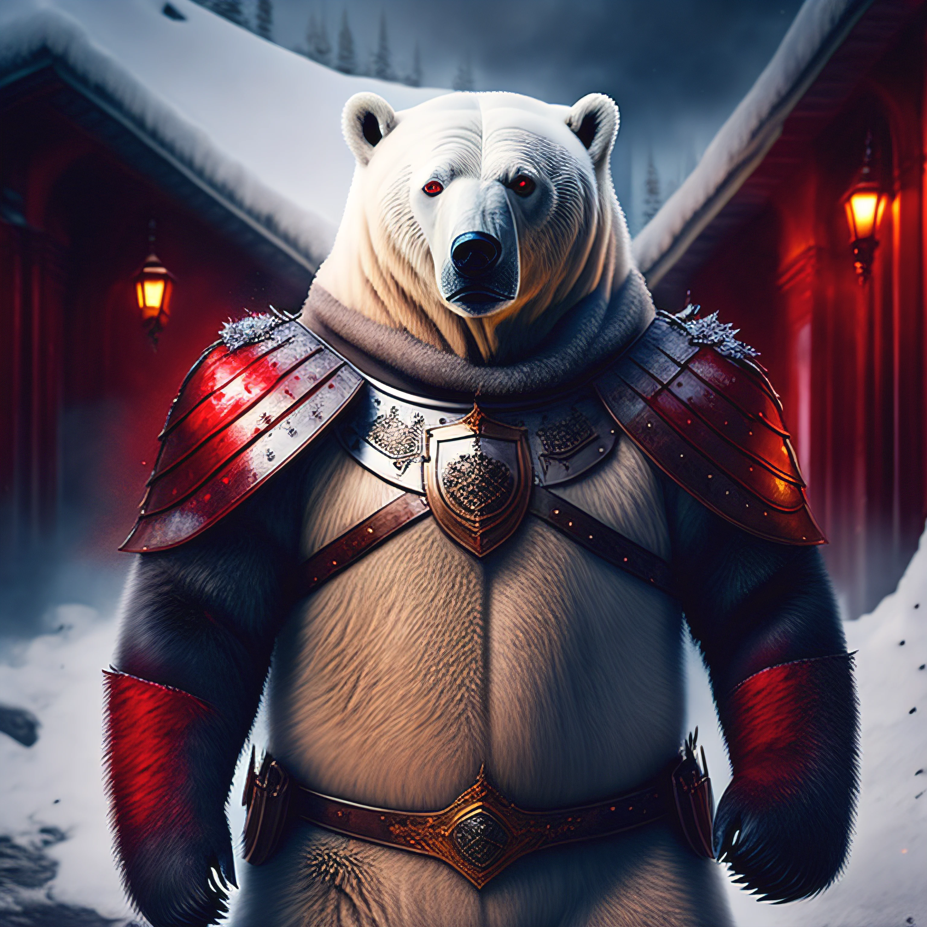 There's a polar bear standing dressed in blood-stained armor, rosto do urso macado de sangue, serious look, olhando pra camera, dramatic cinematic detailed fur, Artistic background, urso machucado, 4k imagem