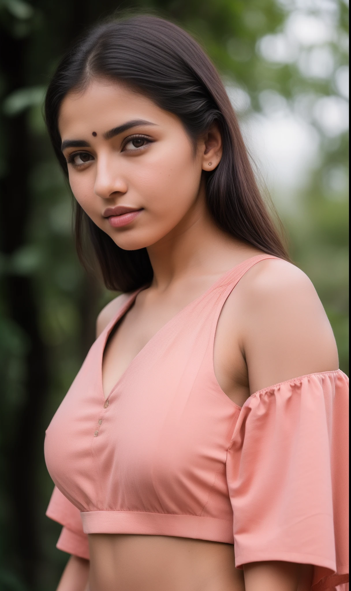 ((RAW, analog style)), face, extremely detailed full body color photo of a 25 y.o girl, beautiful face, beautiful eyes, ((small nose)), big natural lips, ((fabric crop top)), small breasts, slim body, outdoor, trees, ((film grain, skin details, high detailed skin texture, 8k hdr, dslr)), indian female model divya bharti