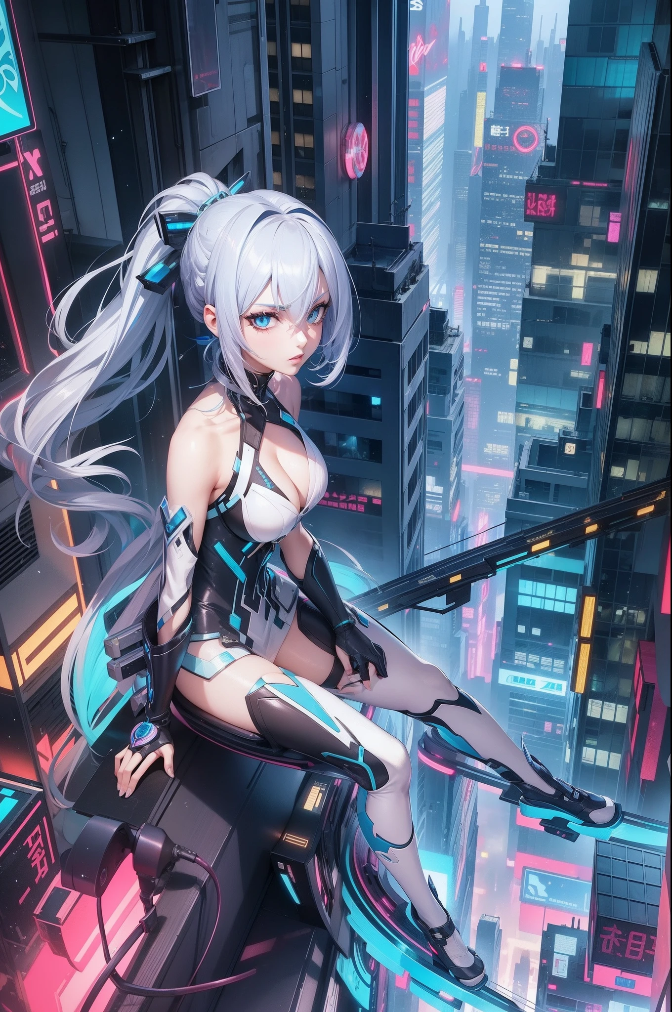 Gorgeous tall bronya with white hair and blue locks cyberpunk scenery with the best quality best effects best shadows best lighting 8k ultra HD super realistic