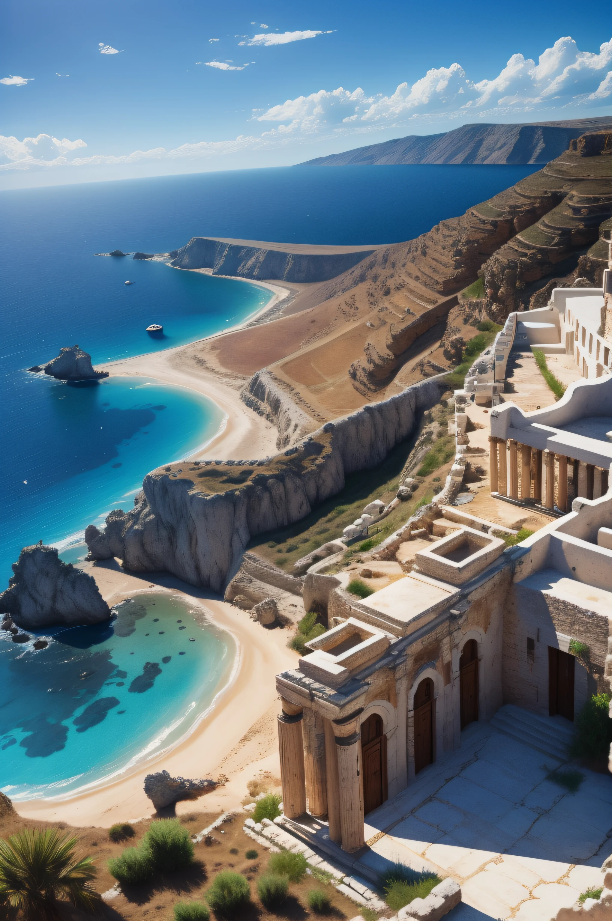 Large, hyper realistic, 3D, Artstation, hyper faithful details Digital photography, cinematic, Ancient Stagira city in Greece, aerial point of view, blue day sky and white sparse clouds